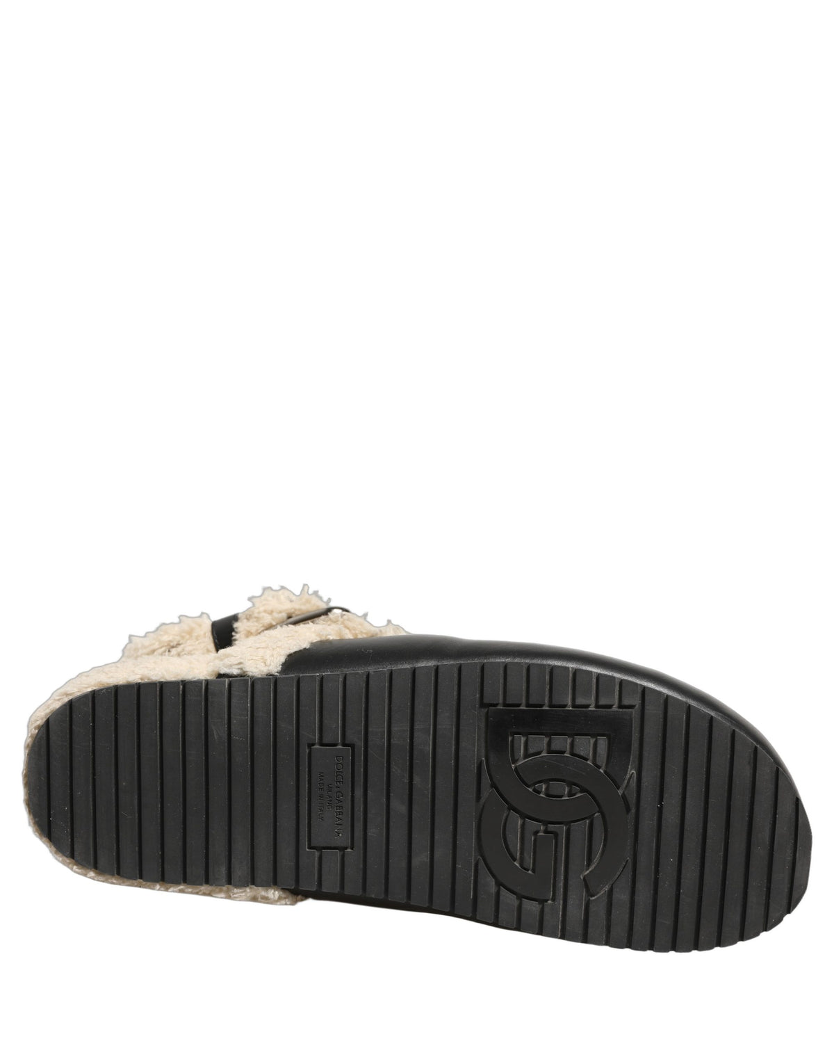 Dolce & Gabbana Beige Black Fur Shearling Slides Sandals Shoes