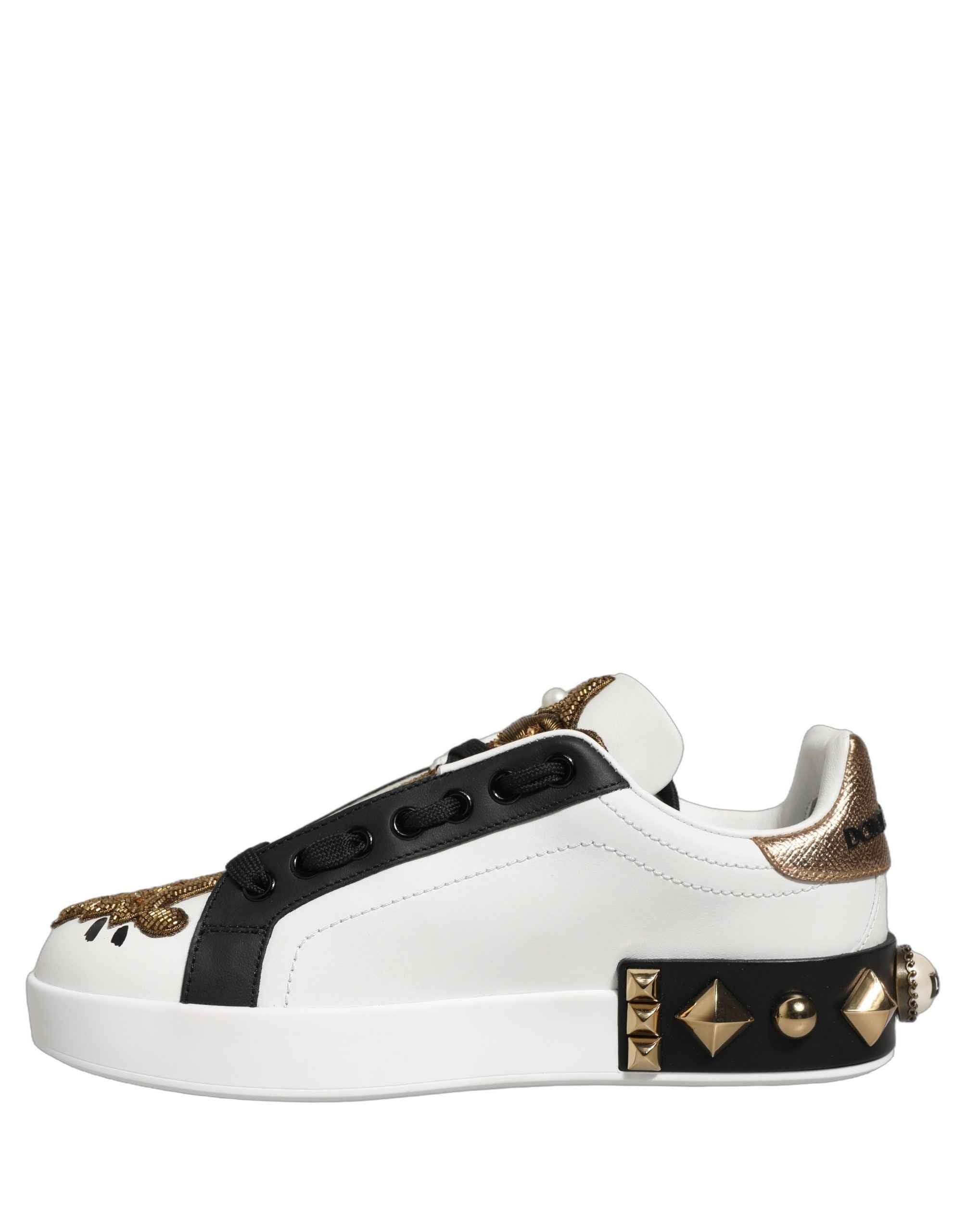 Dolce & Gabbana White Gold Studded Portofino Sneakers Shoes