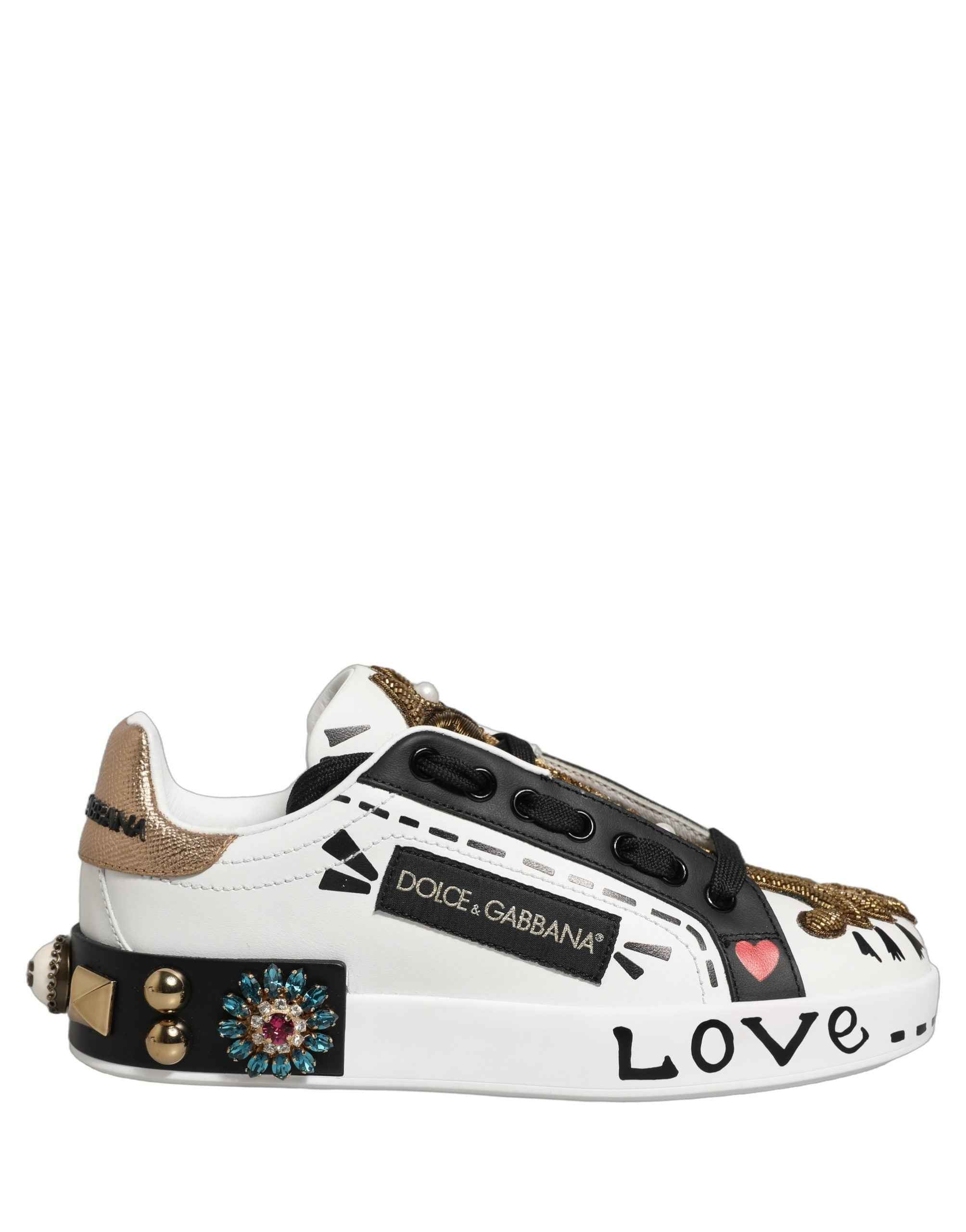 Dolce & Gabbana White Gold Studded Portofino Sneakers Shoes