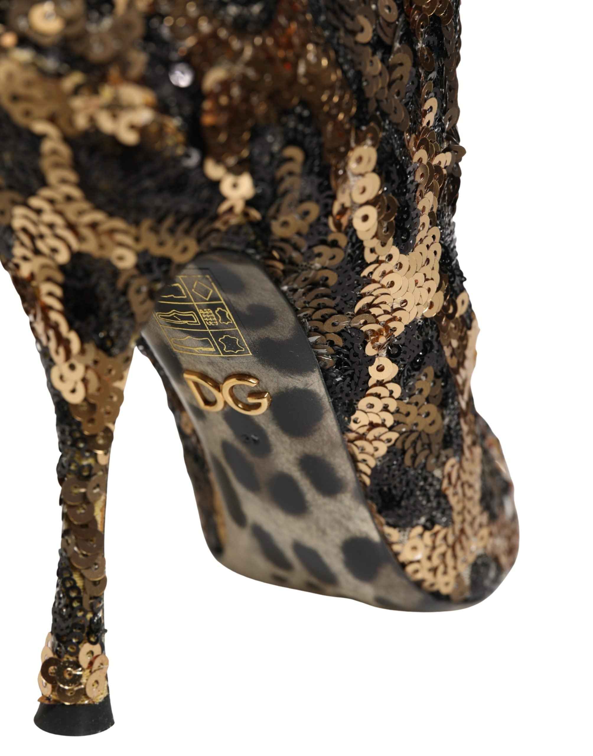 Dolce & Gabbana Gold Leopard Sequin Sock Ankle Boots Shoes