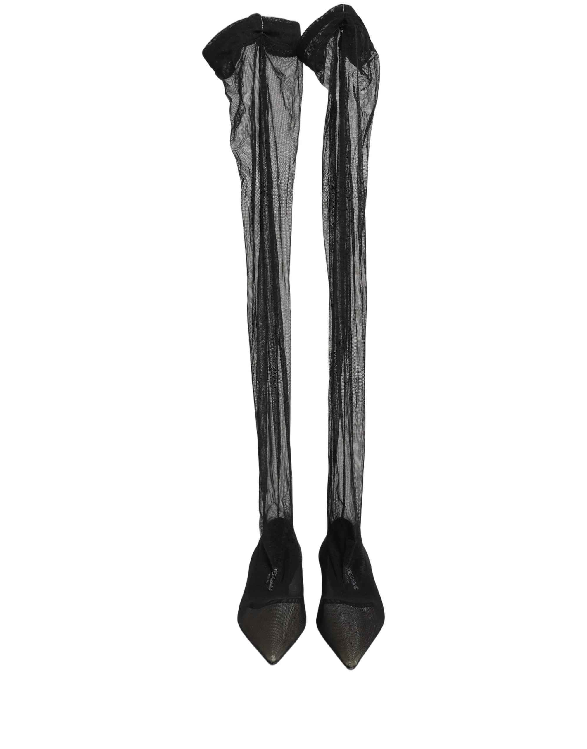 Dolce & Gabbana Black Over The Knee Tulle Flats Boots Shoes