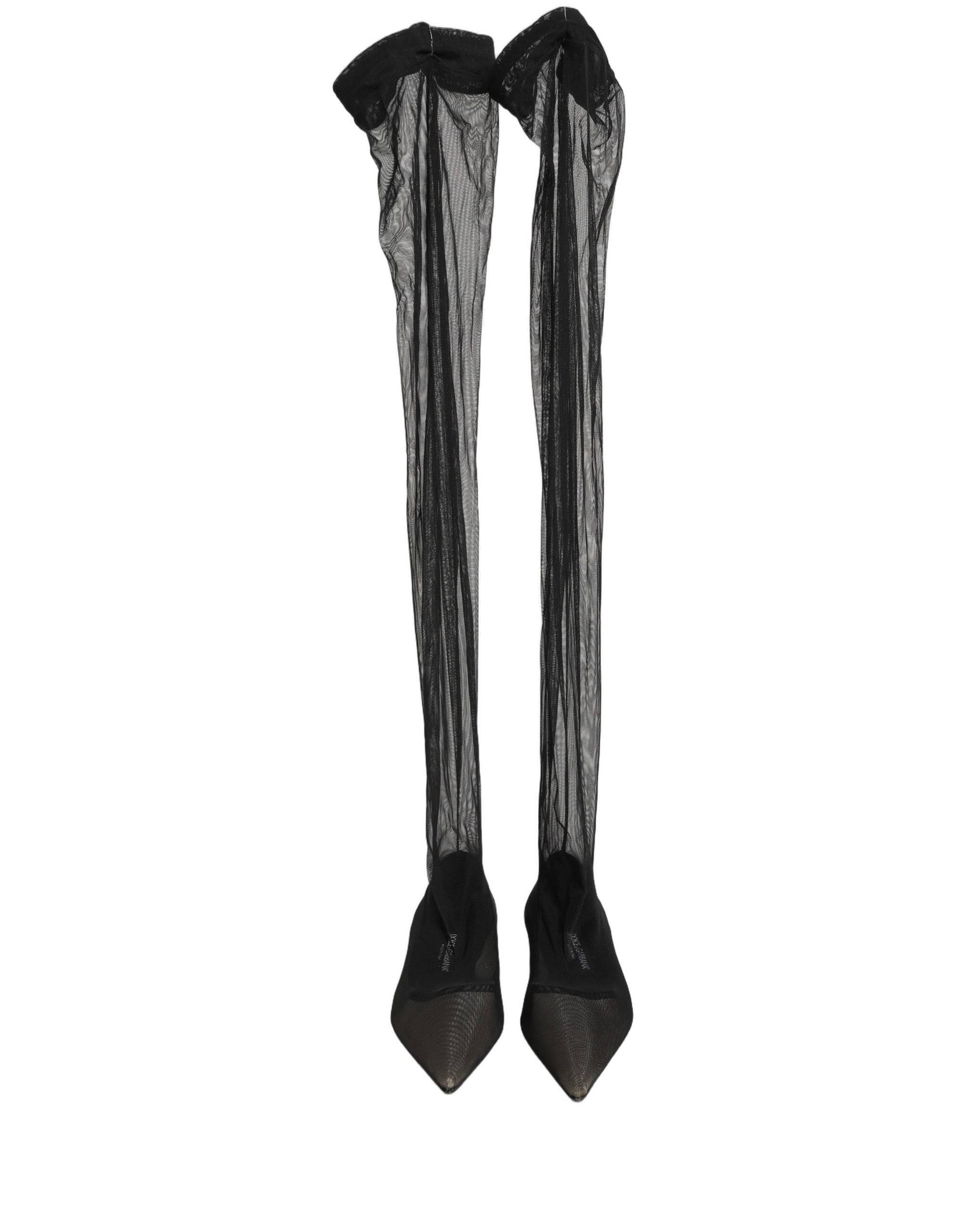 Dolce & Gabbana Black Over The Knee Tulle Flats Boots Shoes