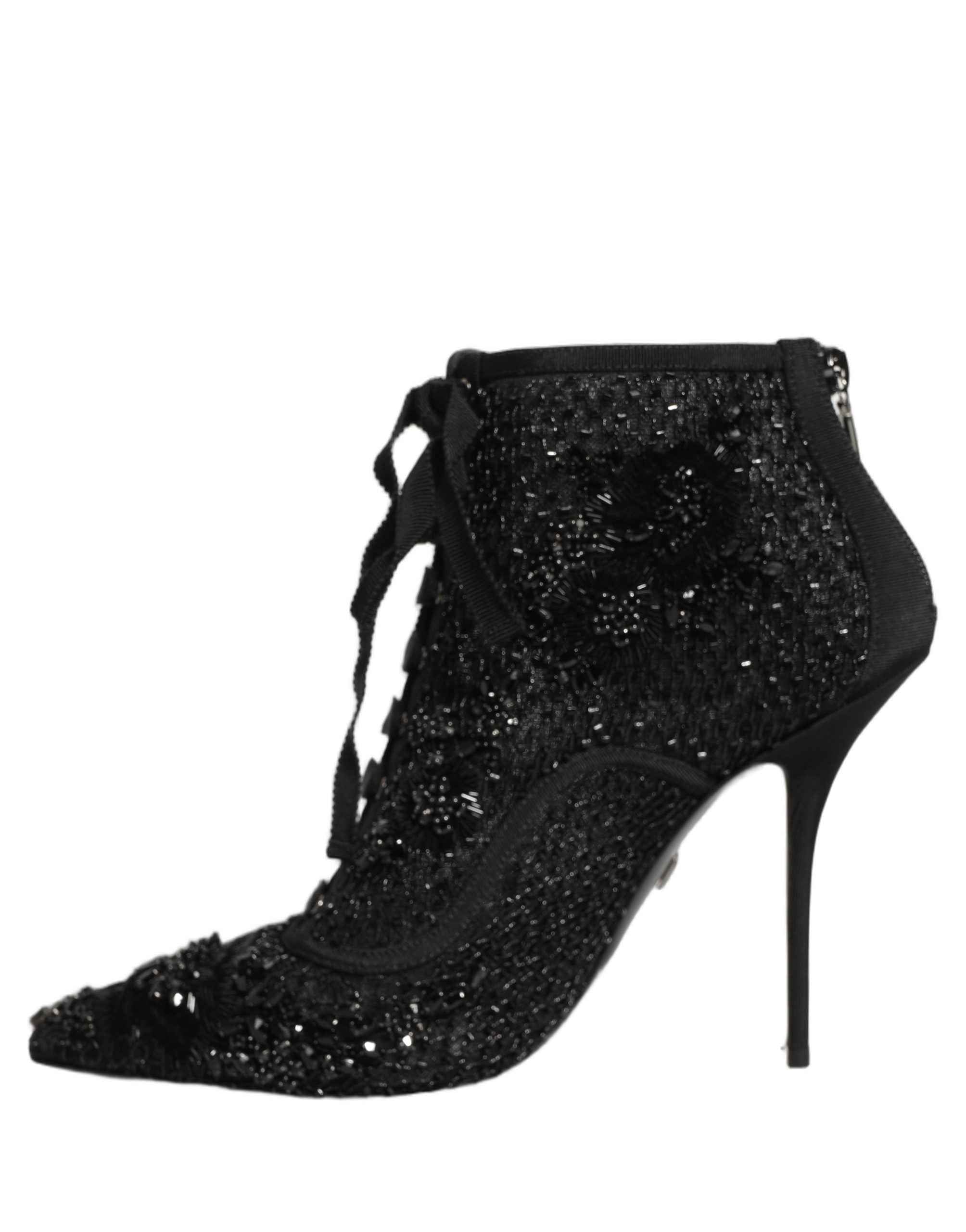 Dolce & Gabbana Black Embellished Mesh Ankle Boots Shoes