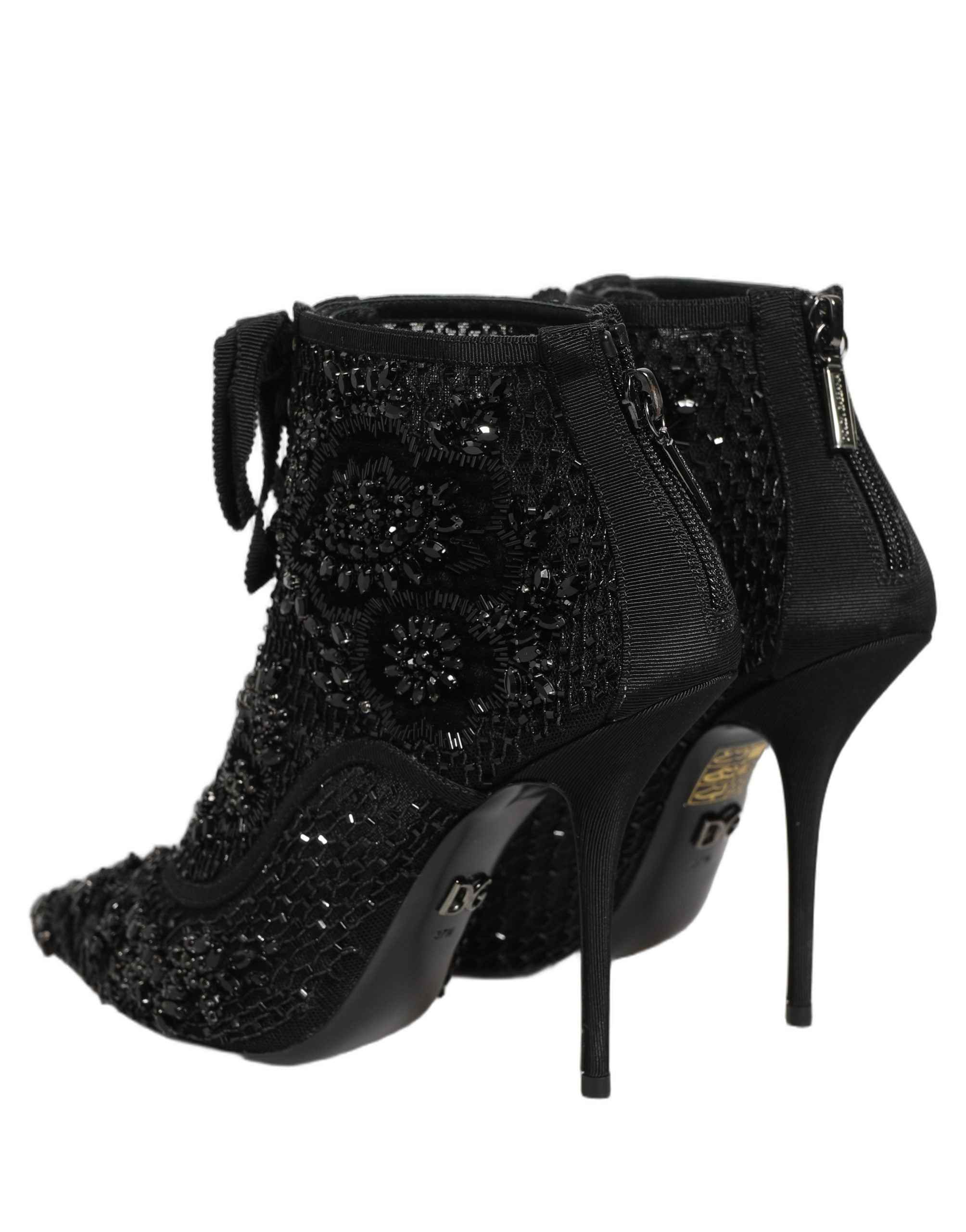 Dolce & Gabbana Black Embellished Mesh Ankle Boots Shoes