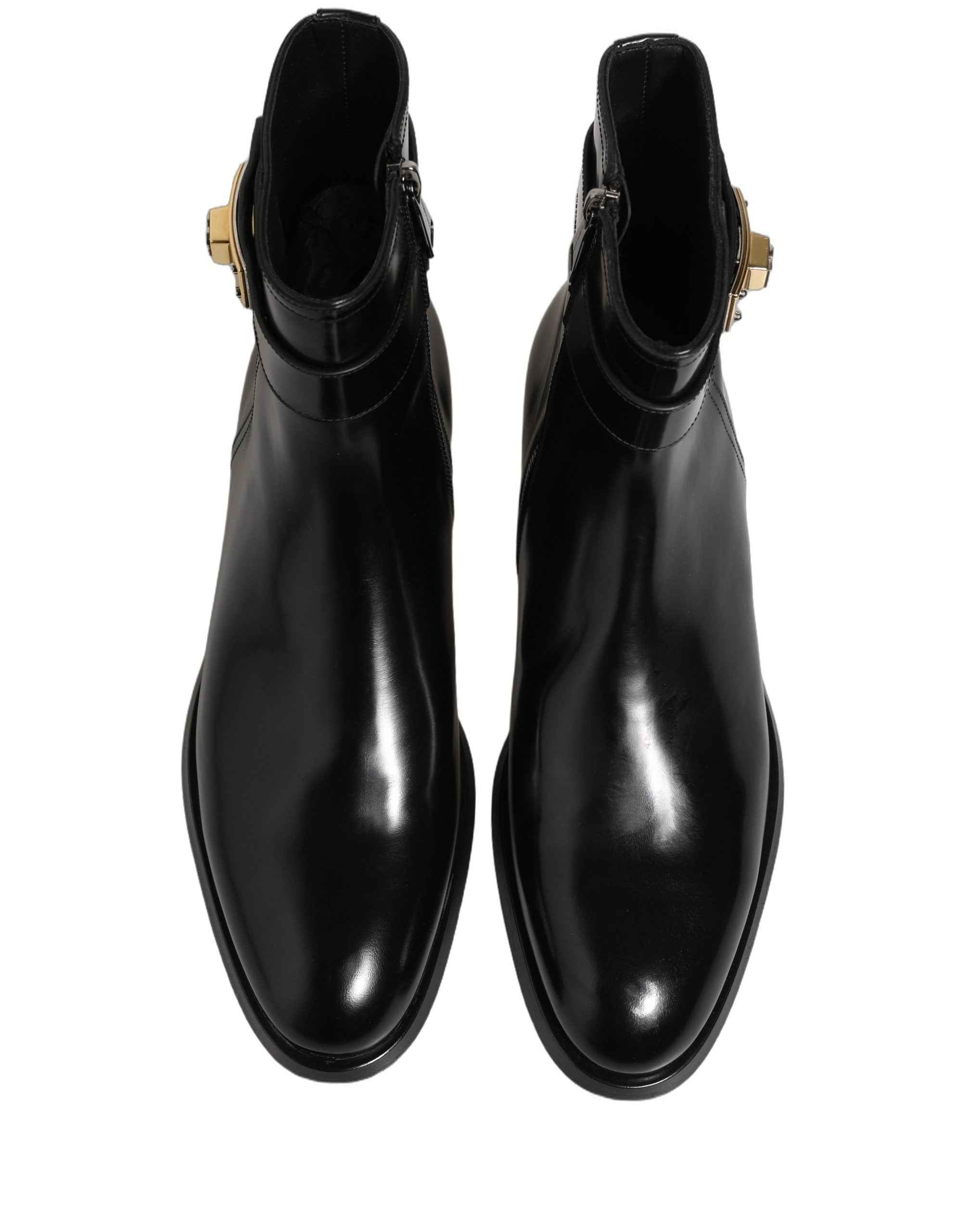 Dolce & Gabbana Black Leather Logo Buckle Mid Calf Boots Shoes