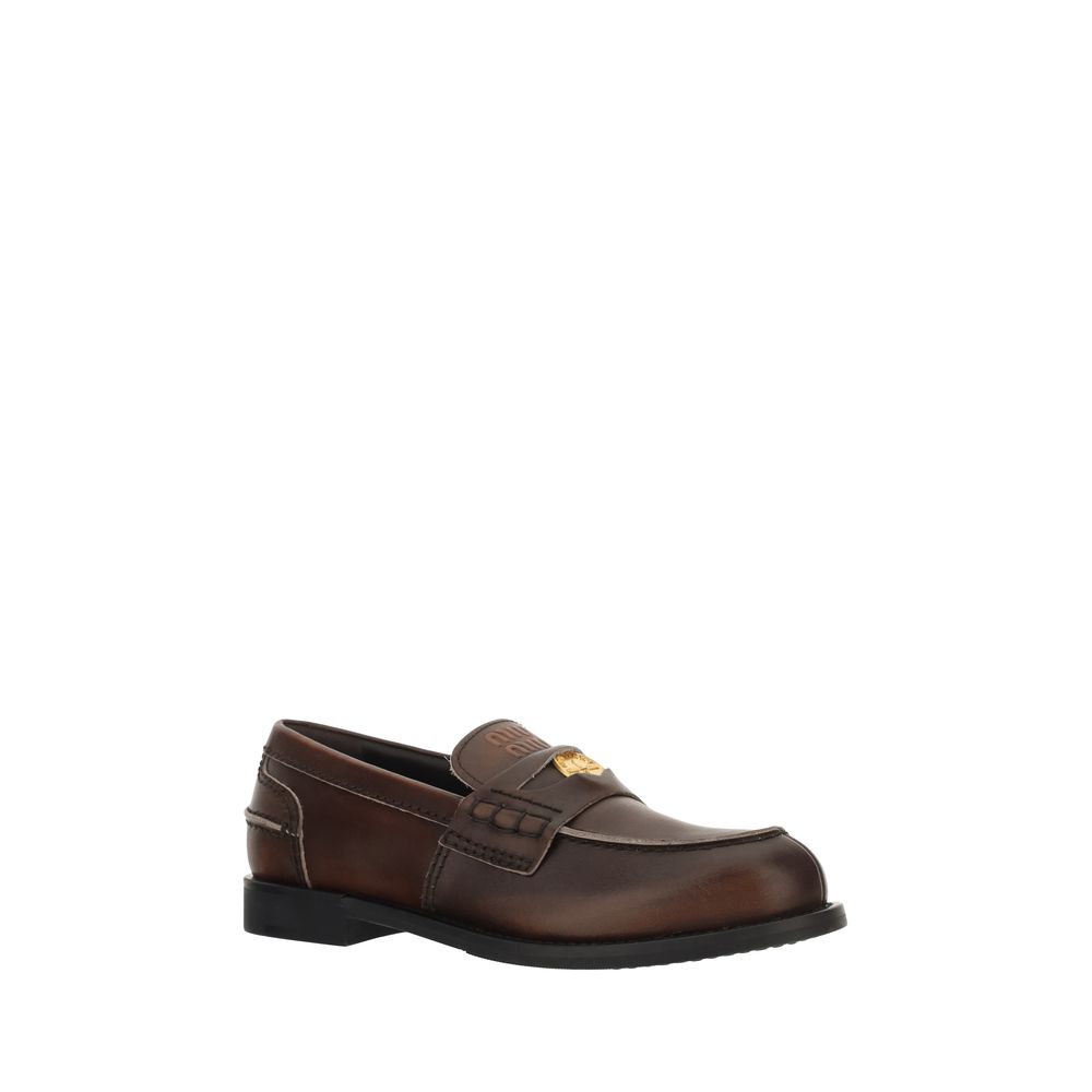 Miu Miu Brown Calf Leather Bos Taurus Slip-On Loafers