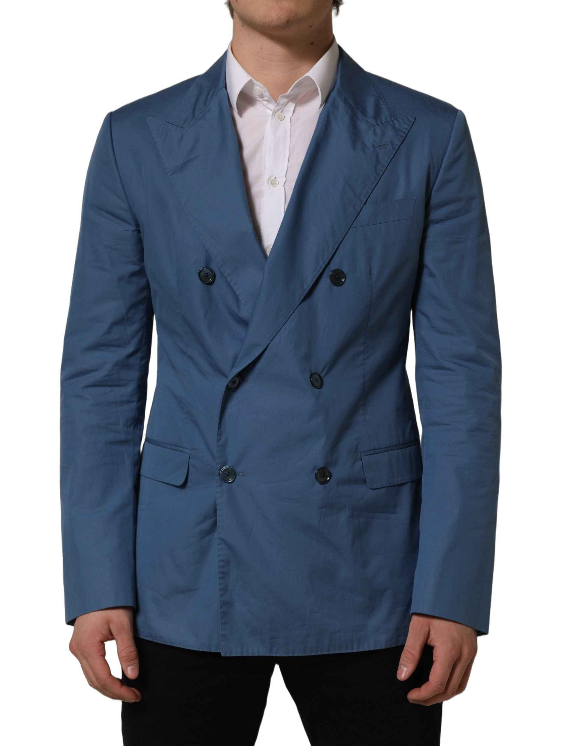 Dolce & Gabbana Blue Cotton Double Breasted Men Coat Blazer