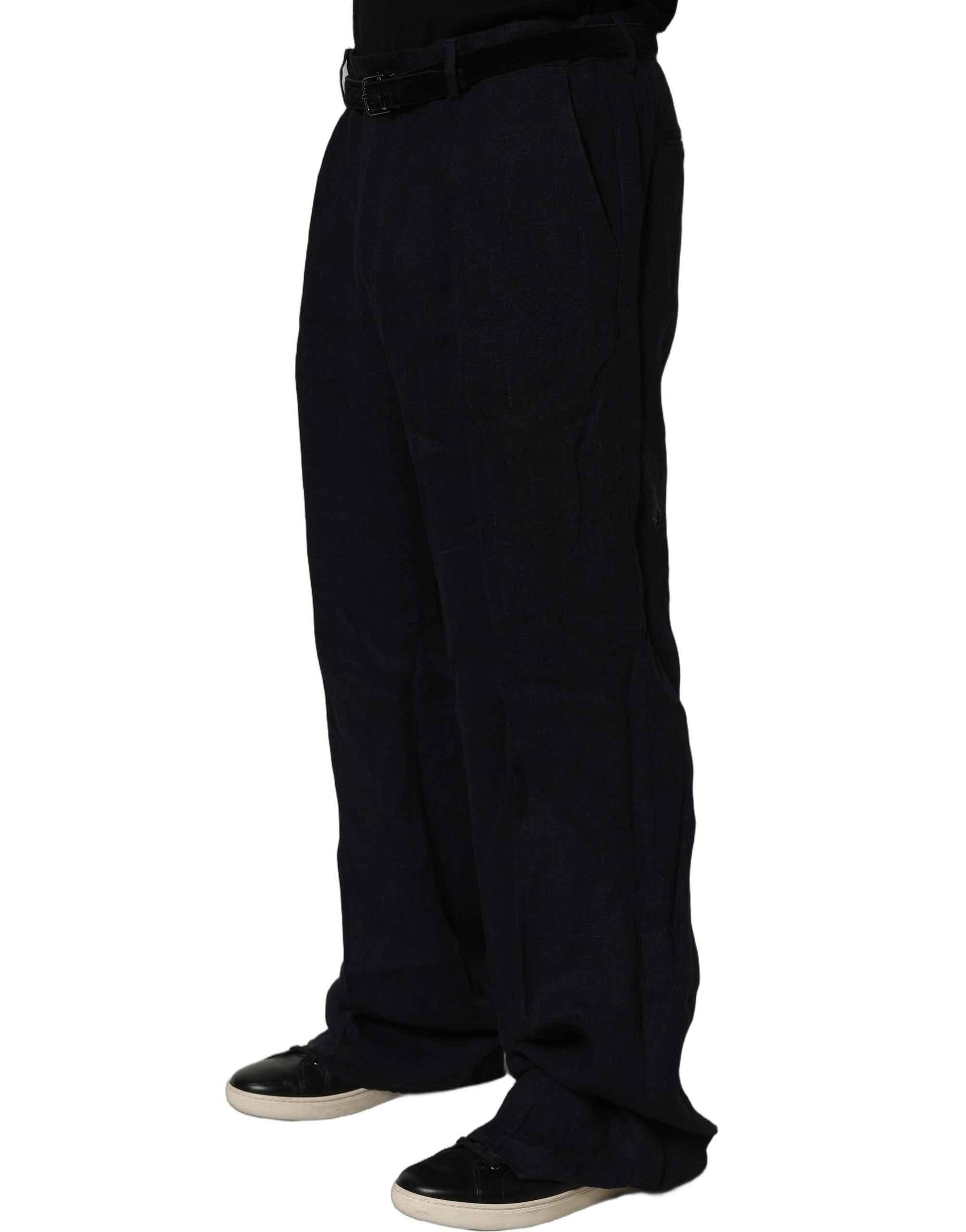 Dolce & Gabbana Black Linen Straight Leg Dress Trouser Pants