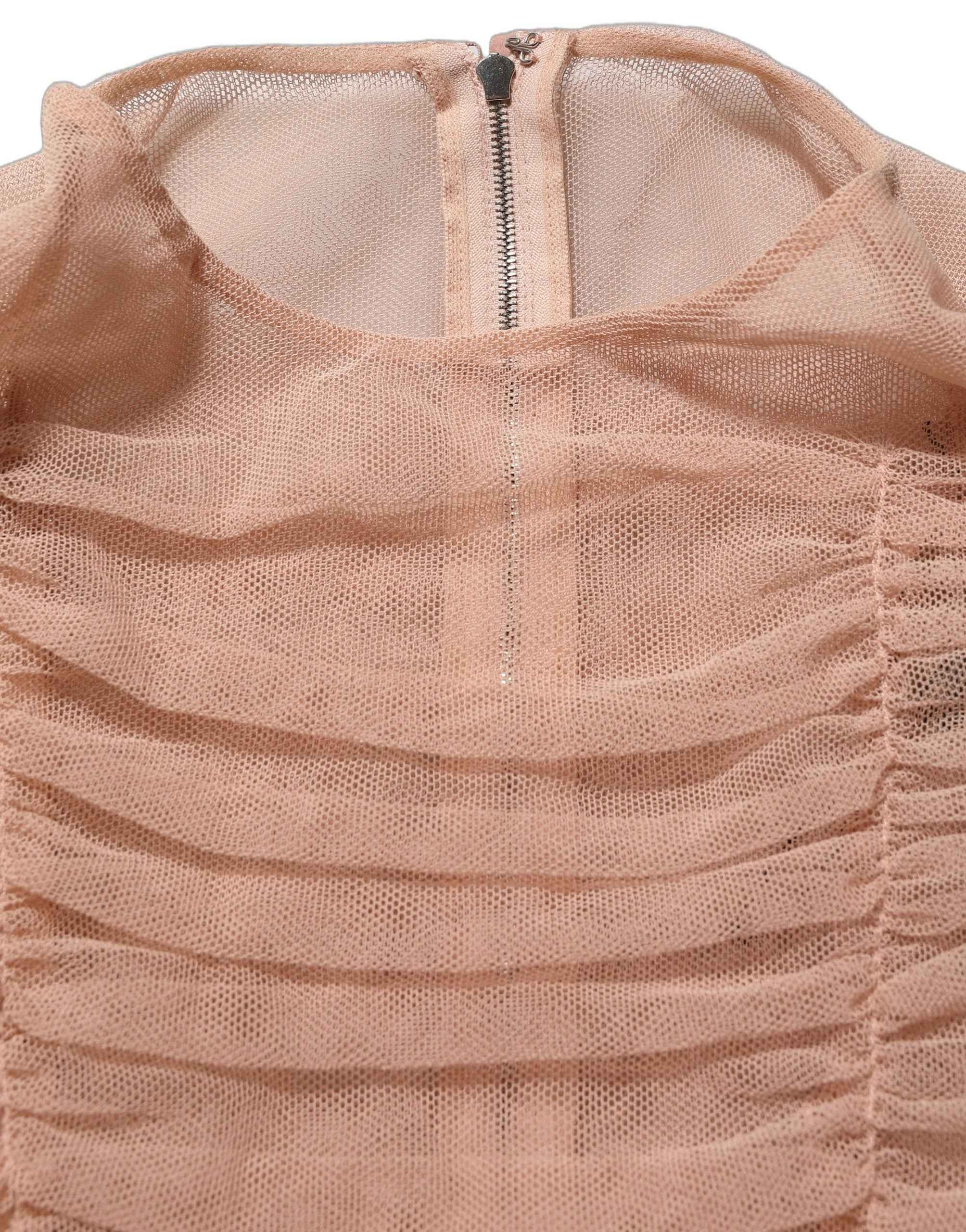 Dolce & Gabbana Beige Cotton Mesh Ruched Sheath Midi Dress