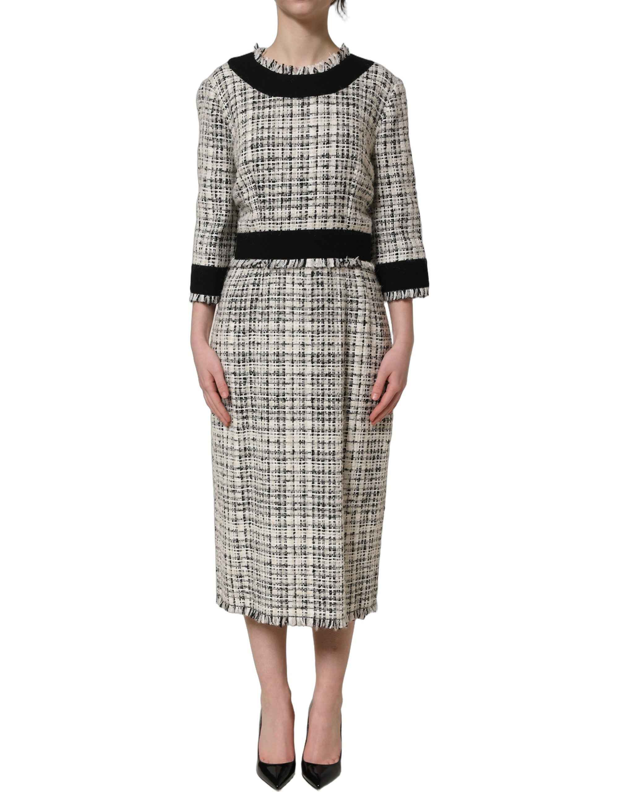 Dolce & Gabbana Multicolor Bouclé Tweed Frayed Trim Midi Dress