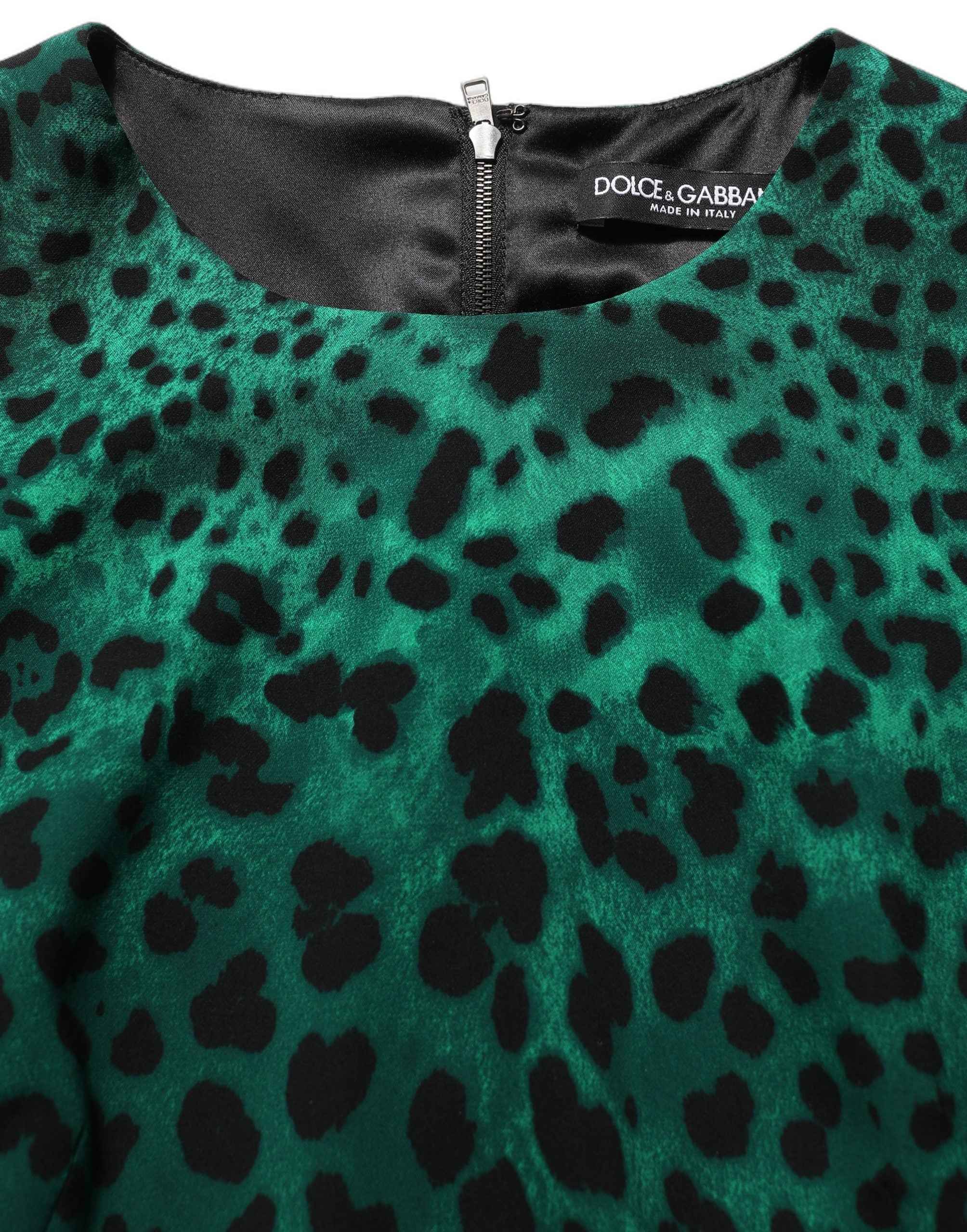 Dolce & Gabbana Green Leopard Print Silk Knee Length Dress