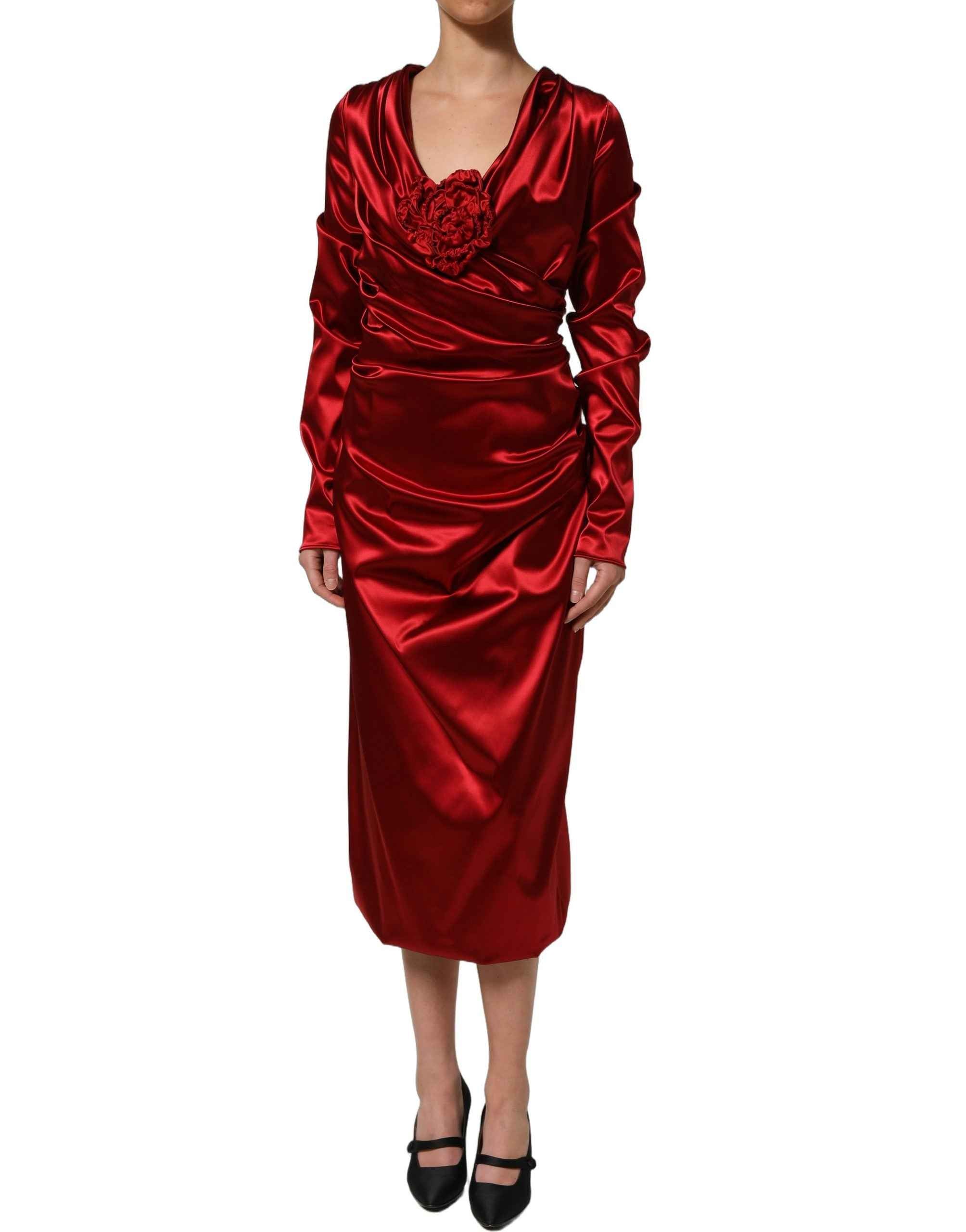 Dolce & Gabbana Red Silk Satin Draped Midi Floral Applique Dress
