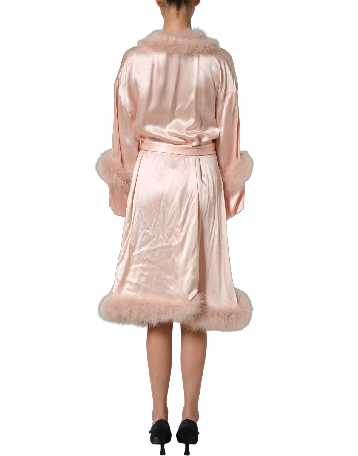 Dolce & Gabbana Light Pink Silk Turkey Feather Wrap Midi Dress