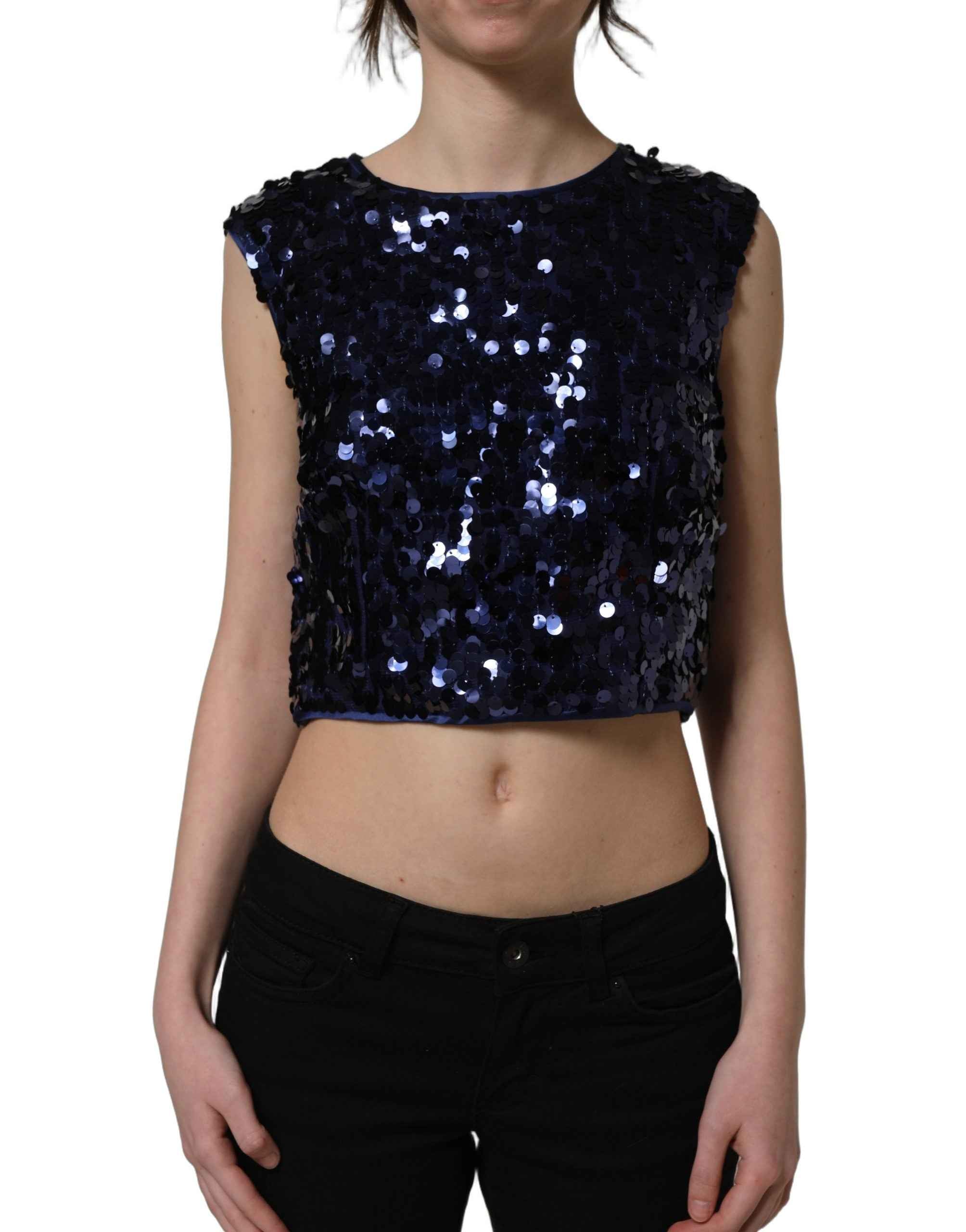 Dolce & Gabbana Blue Sequined Sleeveless Cropped Tank Top