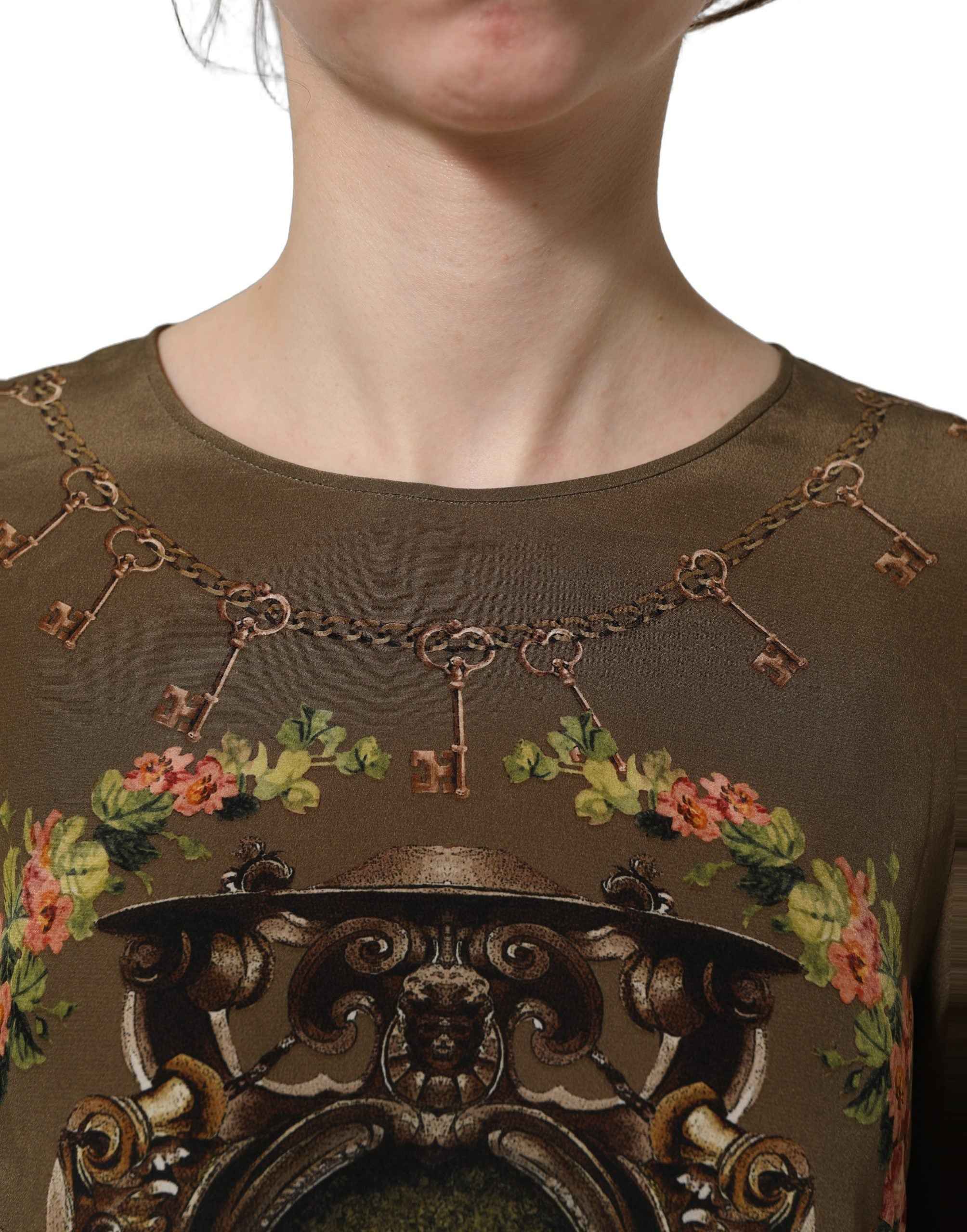 Dolce & Gabbana Brown Keys Roses Printed Silk Blouse Top