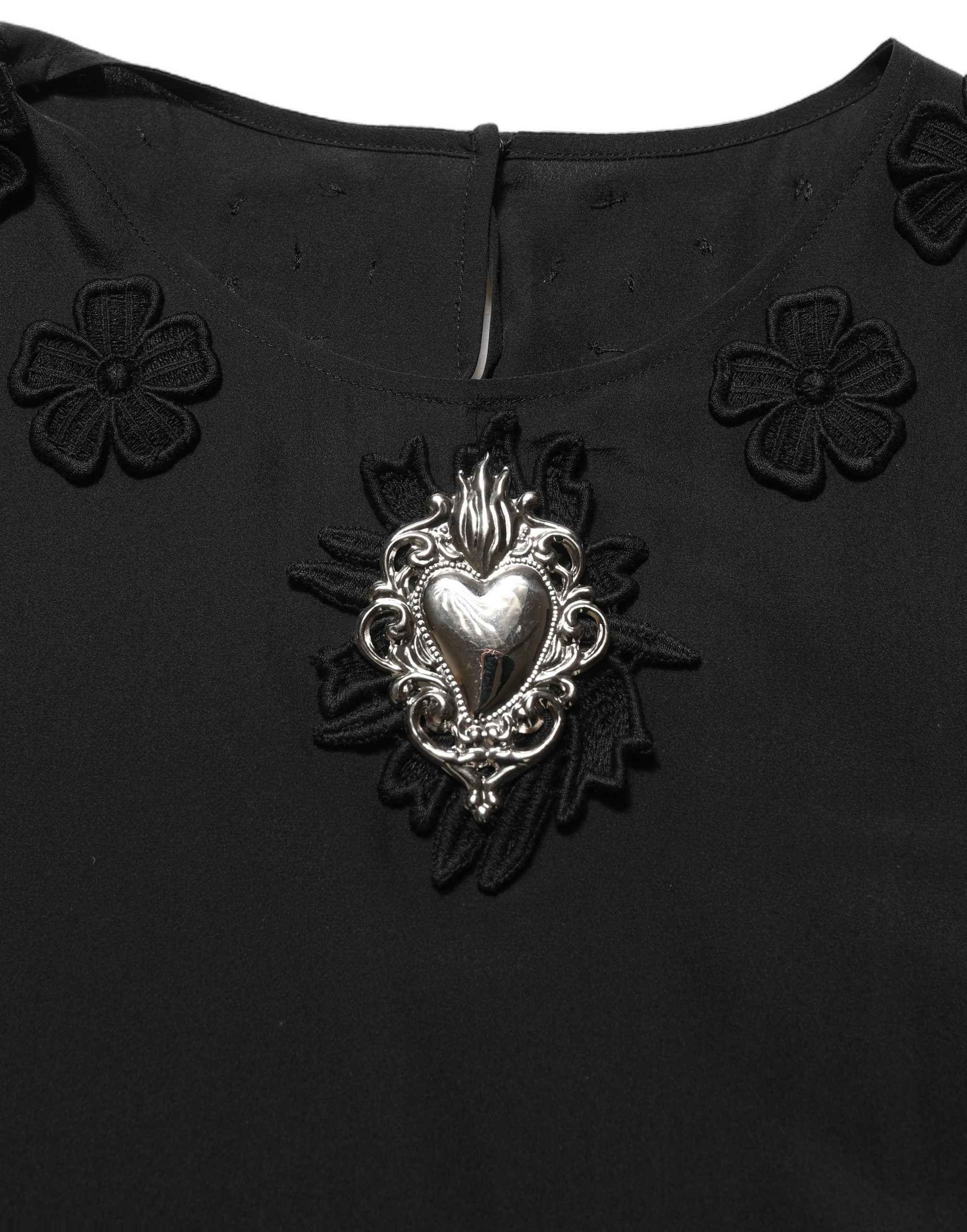 Dolce & Gabbana Black Floral Silk Heart Appliqué Blouse Top