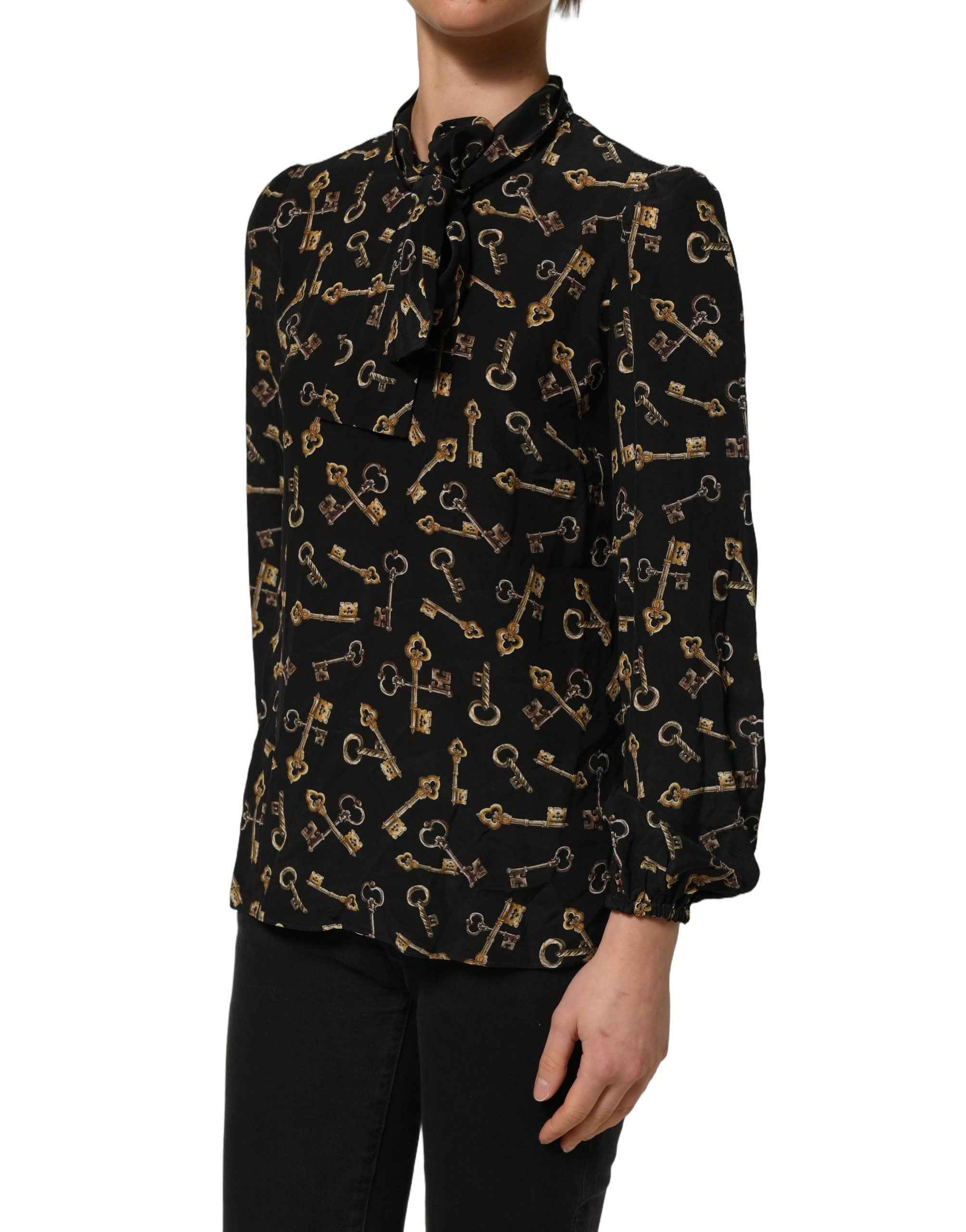 Dolce & Gabbana Black Keys Print Silk Tie Neck Blouse Top