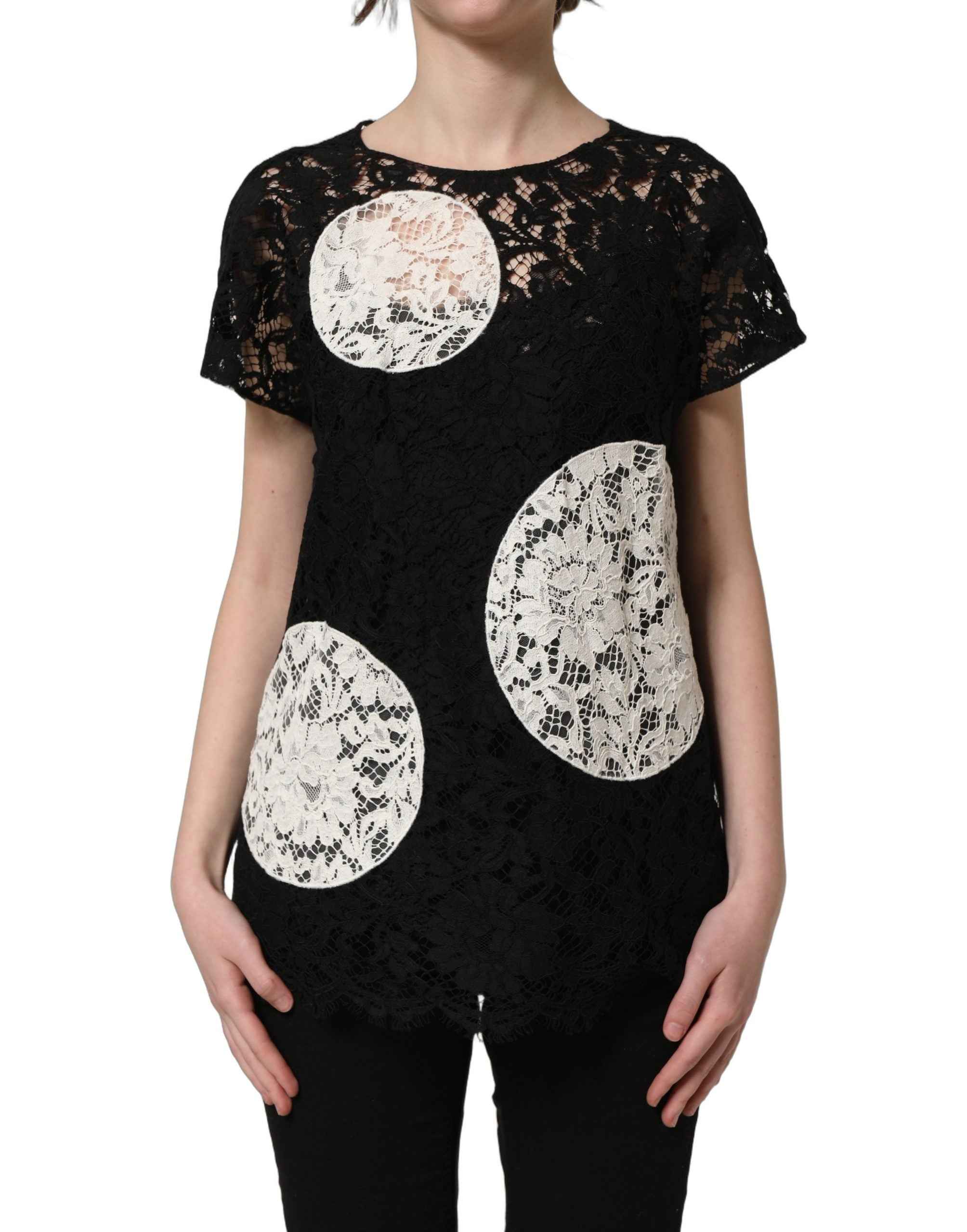 Dolce & Gabbana Black White Floral Lace Short Sleeve Blouse Top