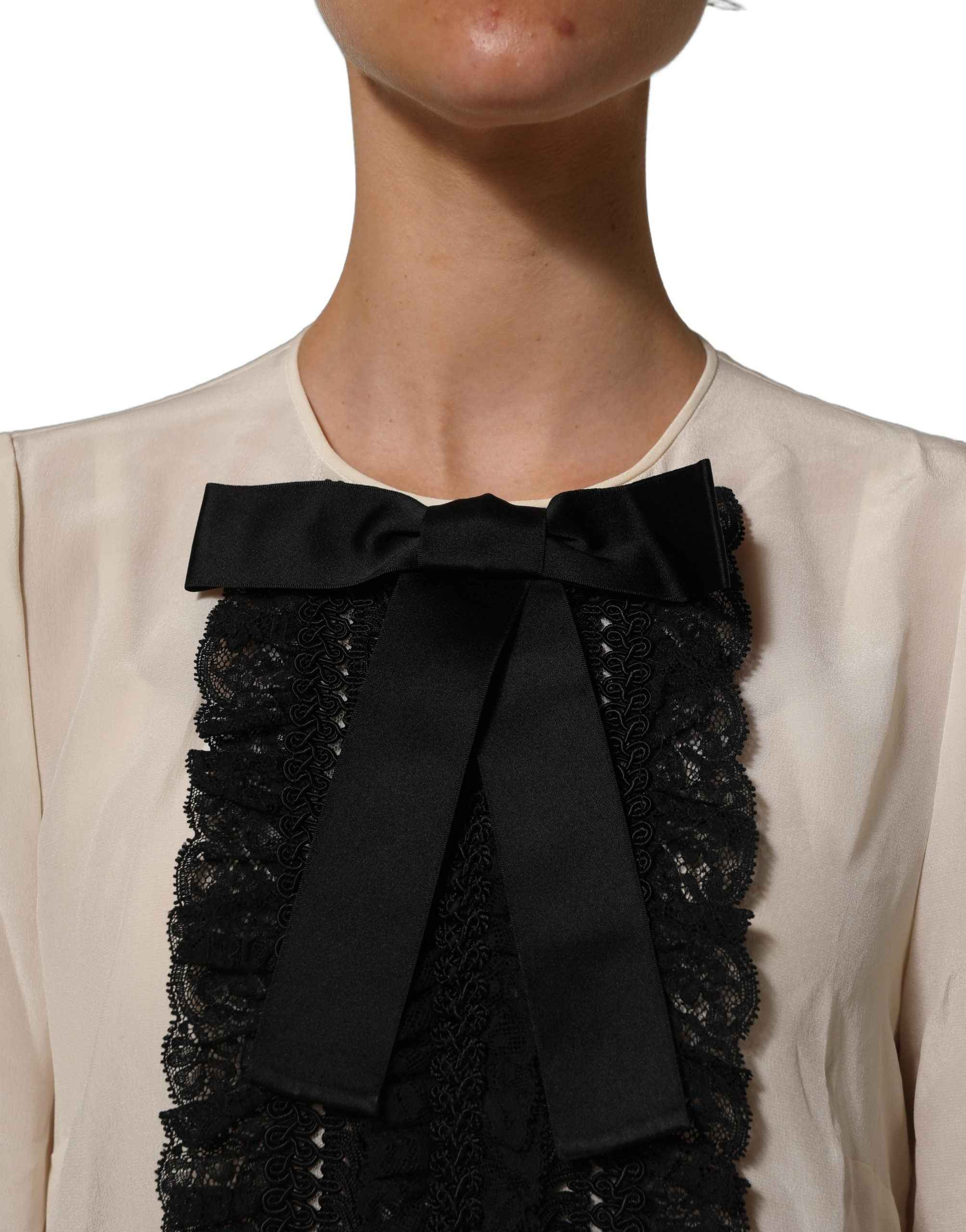 Dolce & Gabbana White Lace Trim Bow Short Sleeves Blouse Top