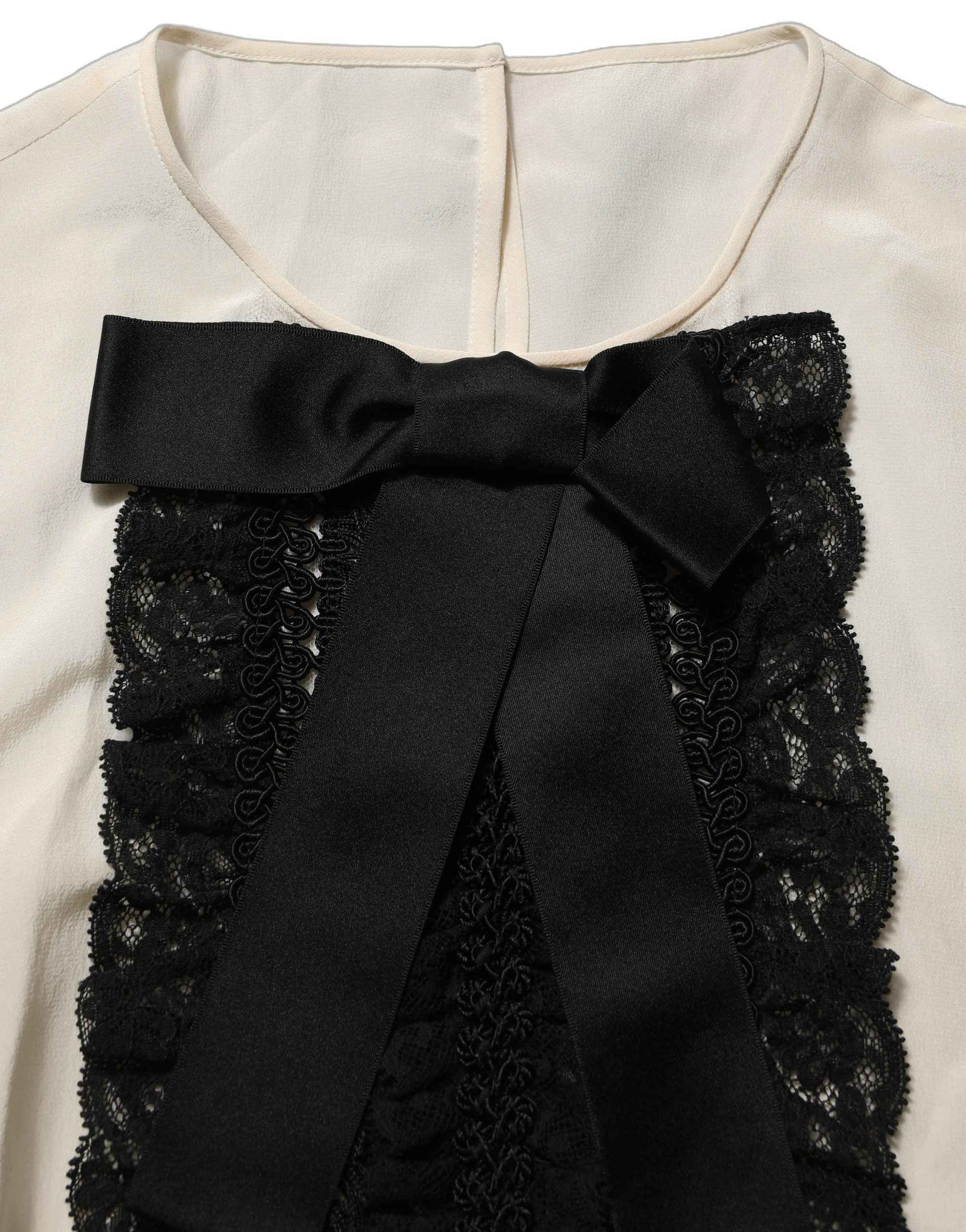 Dolce & Gabbana Beige Lace Trim Bow Short Sleeves Blouse Top