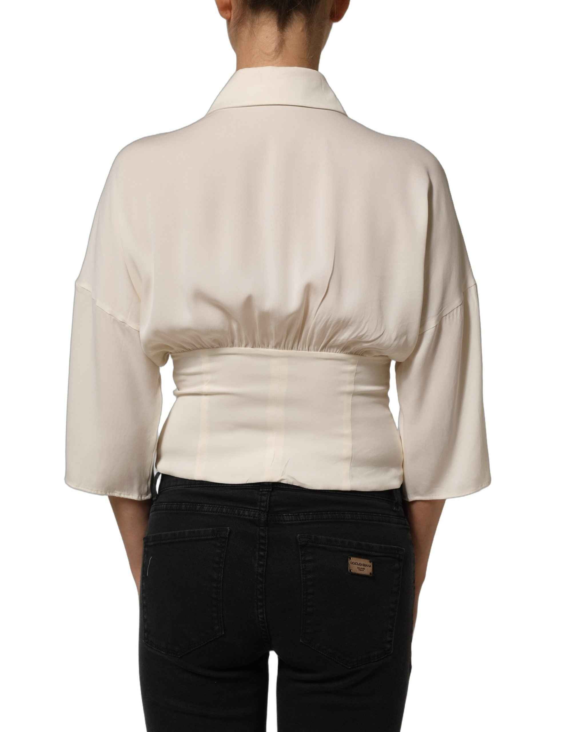 Dolce & Gabbana Off White Ascot Collar Long Sleeves Blouse Top