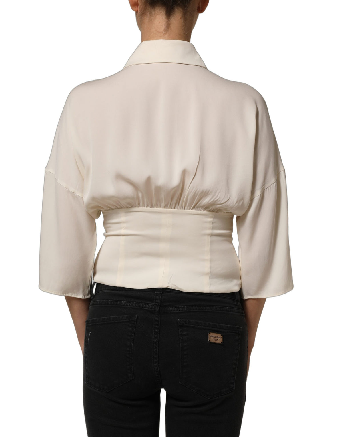 Dolce & Gabbana Off White Ascot Collar Long Sleeves Blouse Top