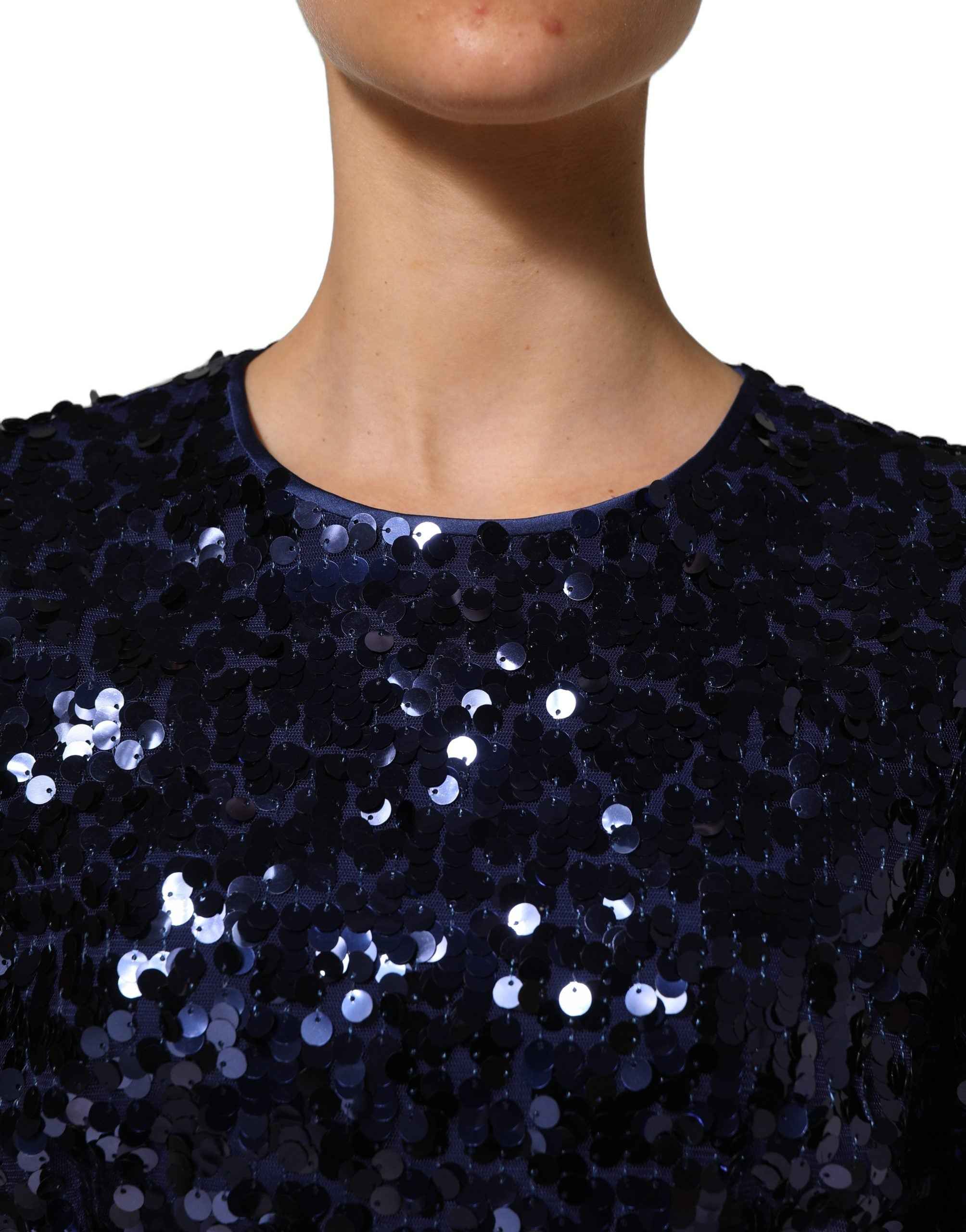 Dolce & Gabbana Blue Sequined Long Sleeves Crop Blouse Top