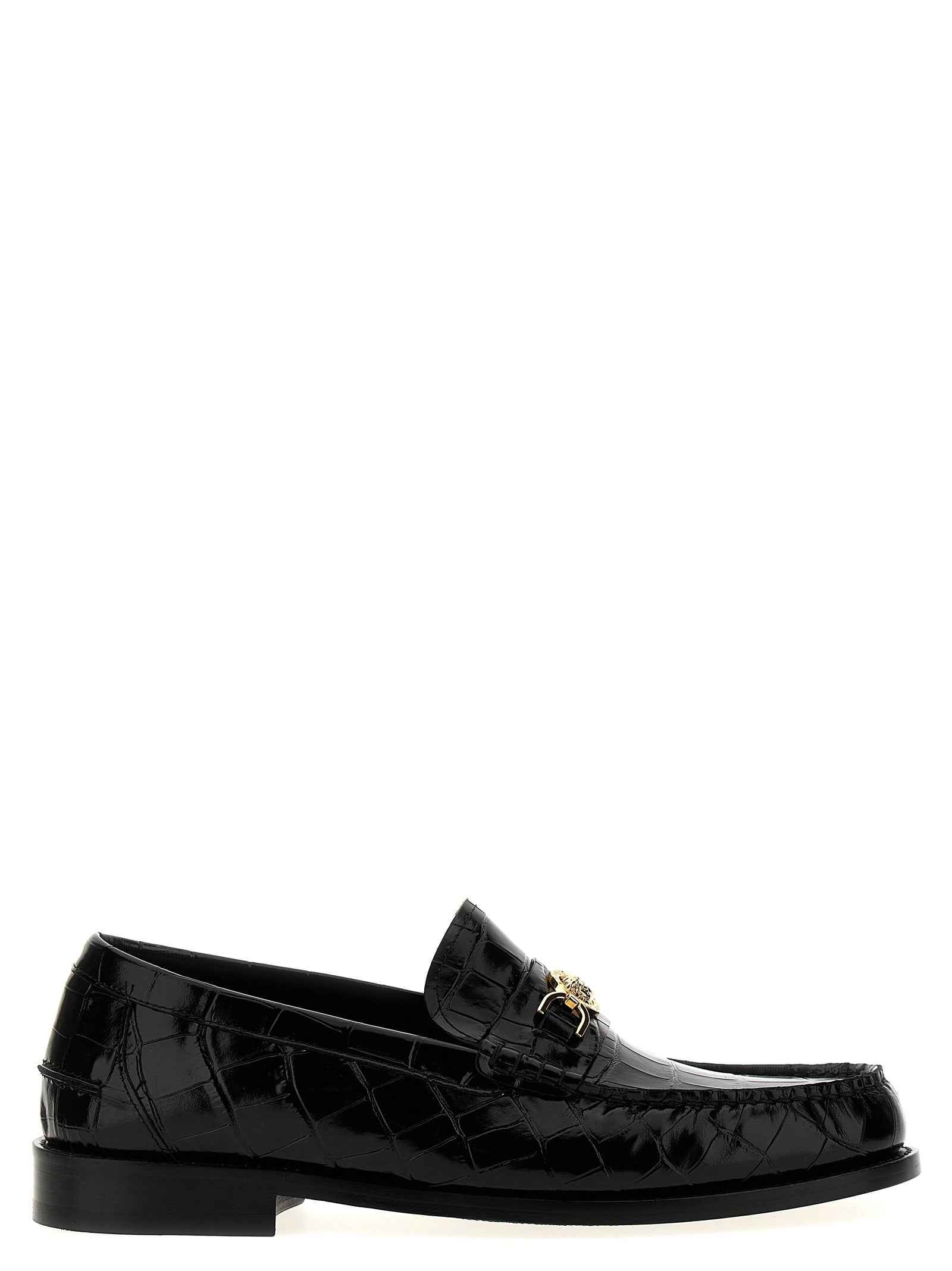 Versace Black Velvet Leather Slip-On Loafers