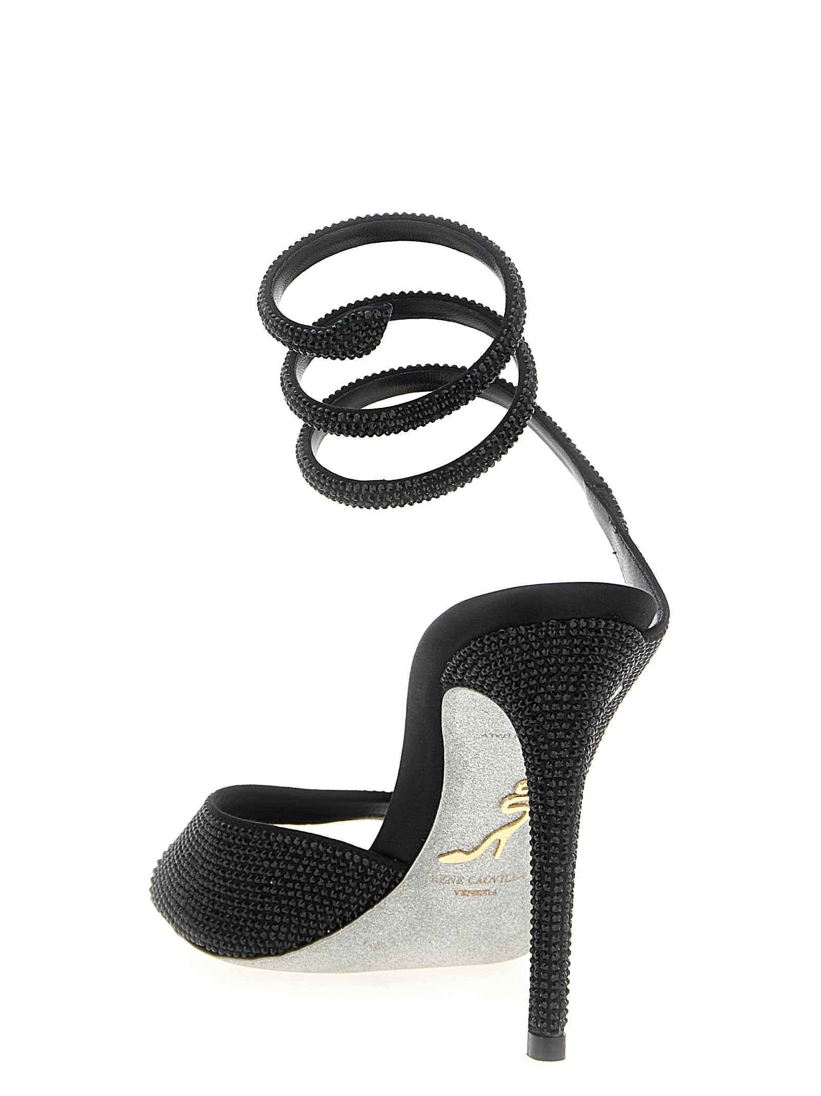 RENE CAOVILLA Black Satin Stiletto Heel Sandals