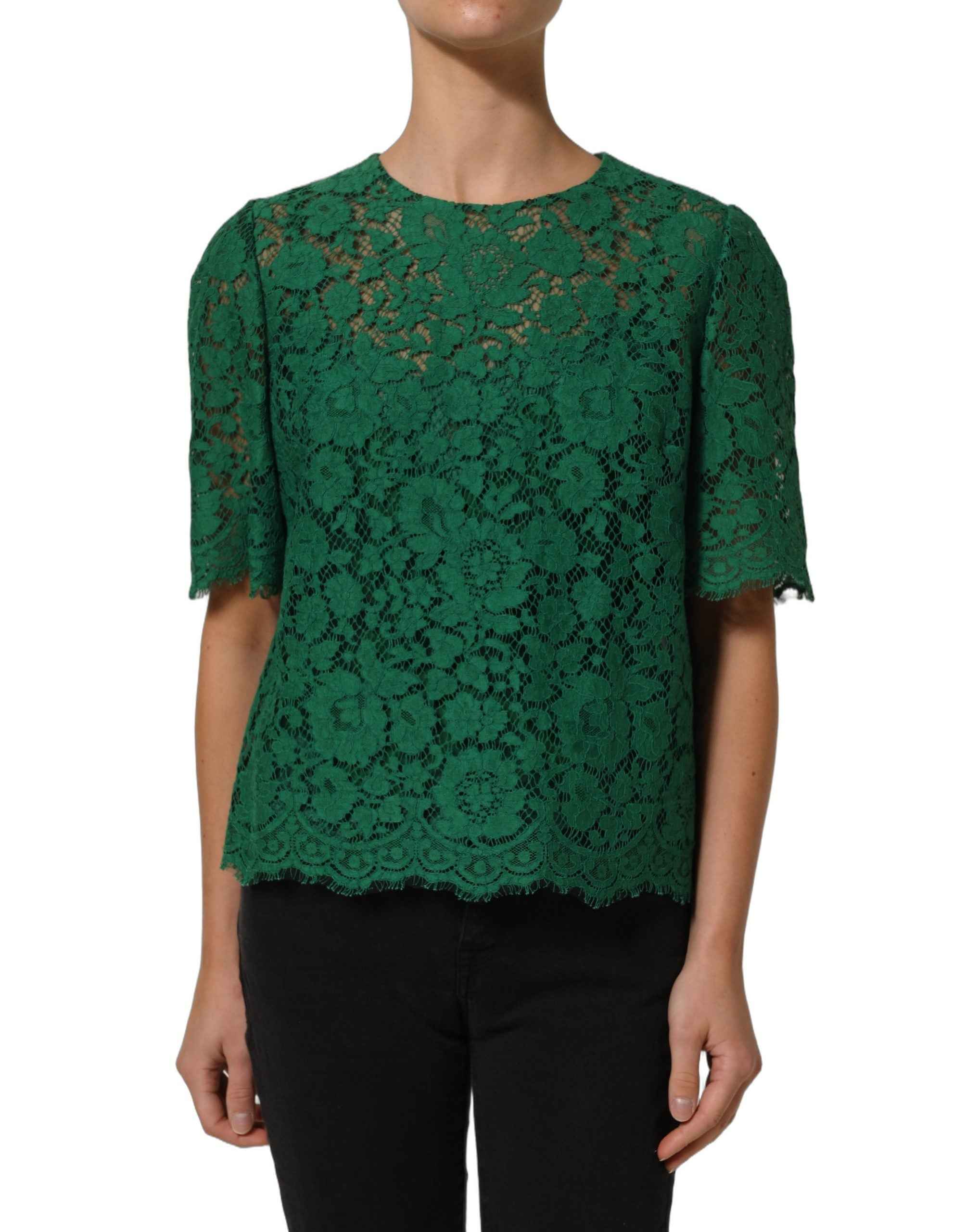 Dolce & Gabbana Green Floral Lace Round Neck Blouse Top