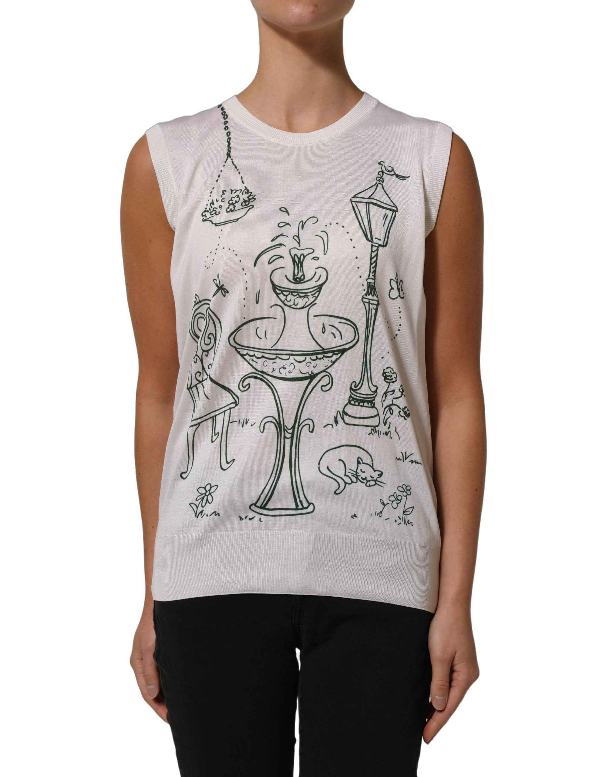Dolce & Gabbana White Silk Knit Garden Fountain Print Tank Top