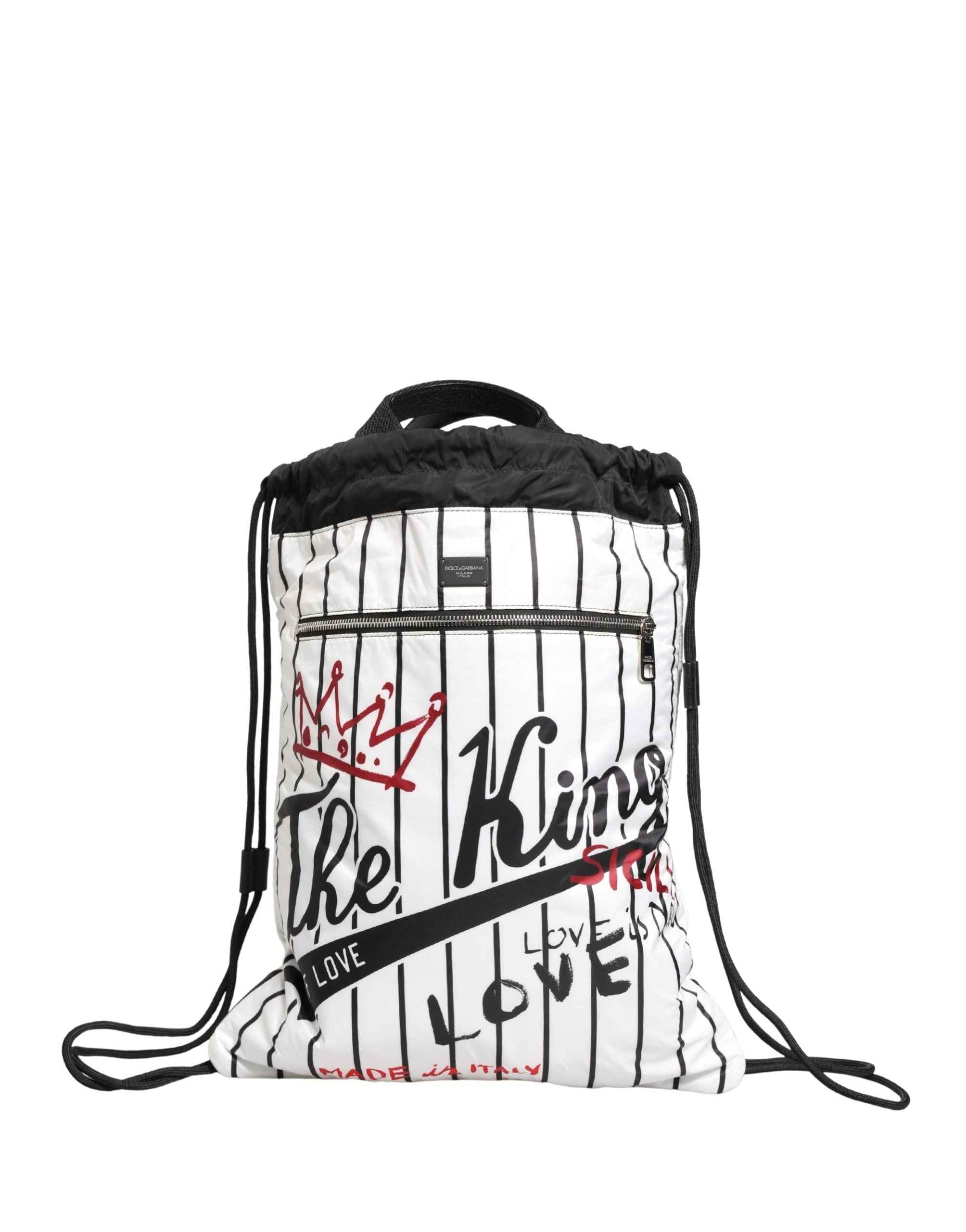 Dolce & Gabbana Black White Striped Polyester Drawstring Backpack Men Bag