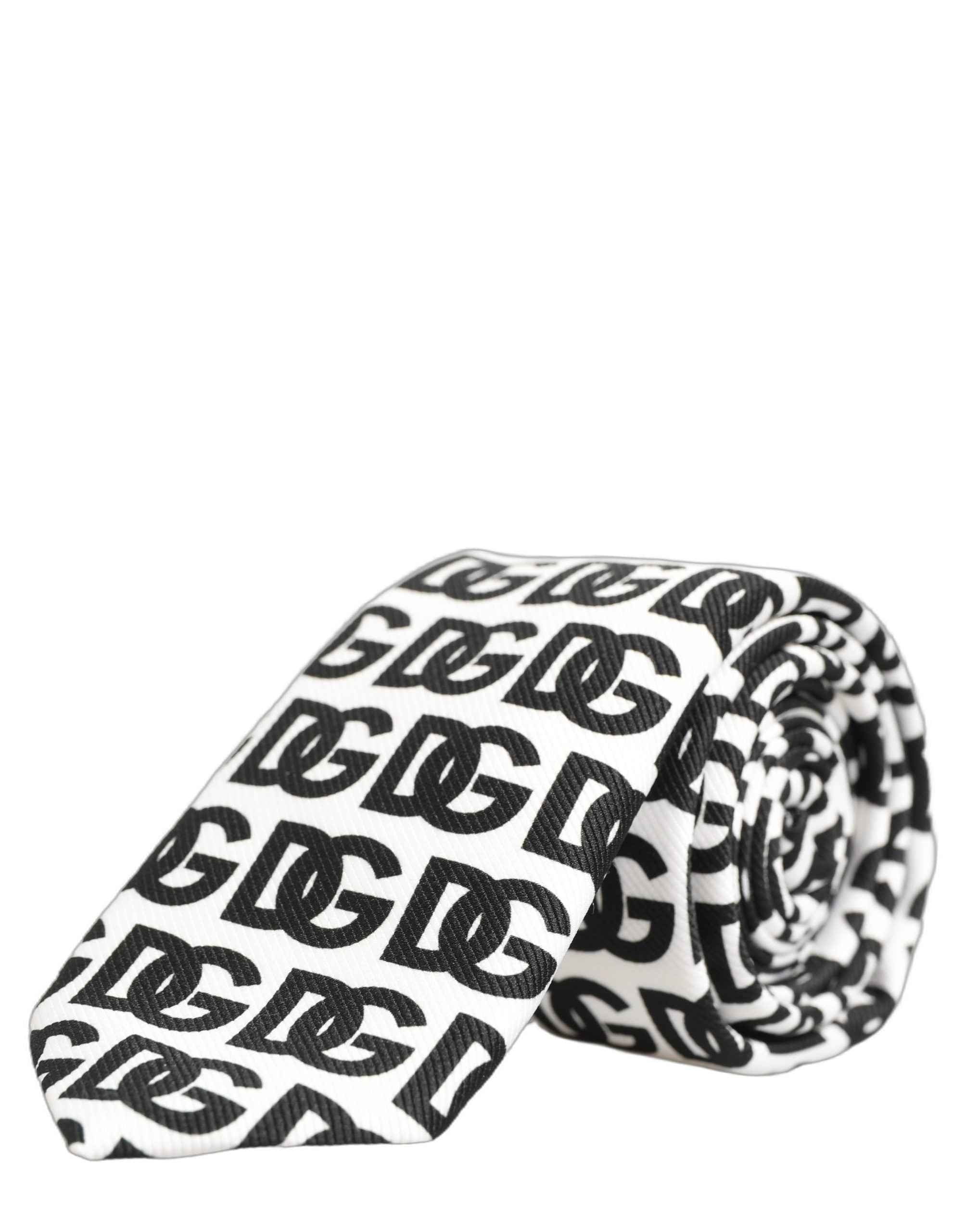 Dolce & Gabbana White Black Logo Monogram Wide Adjustable Men Necktie Tie