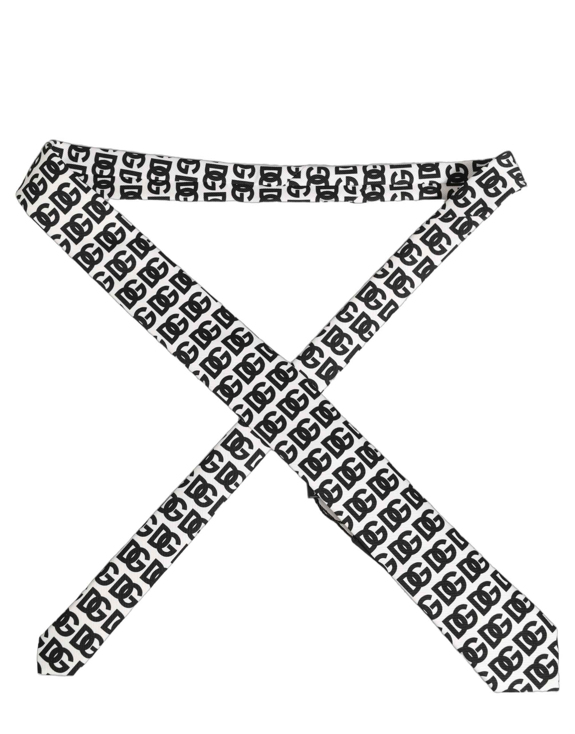 Dolce & Gabbana White Black Logo Monogram Wide Adjustable Men Necktie Tie
