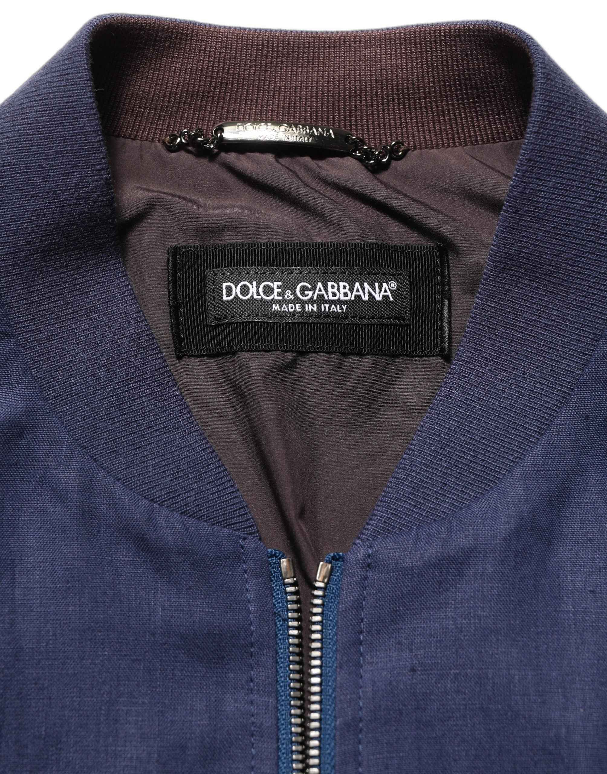 Dolce & Gabbana Blue Linen Full Zip Men Bomber Jacket