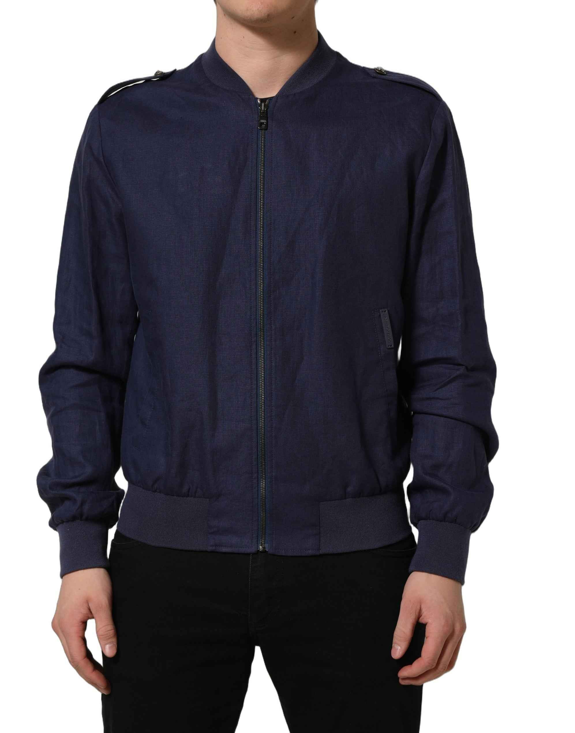 Dolce & Gabbana Blue Linen Full Zip Men Bomber Jacket