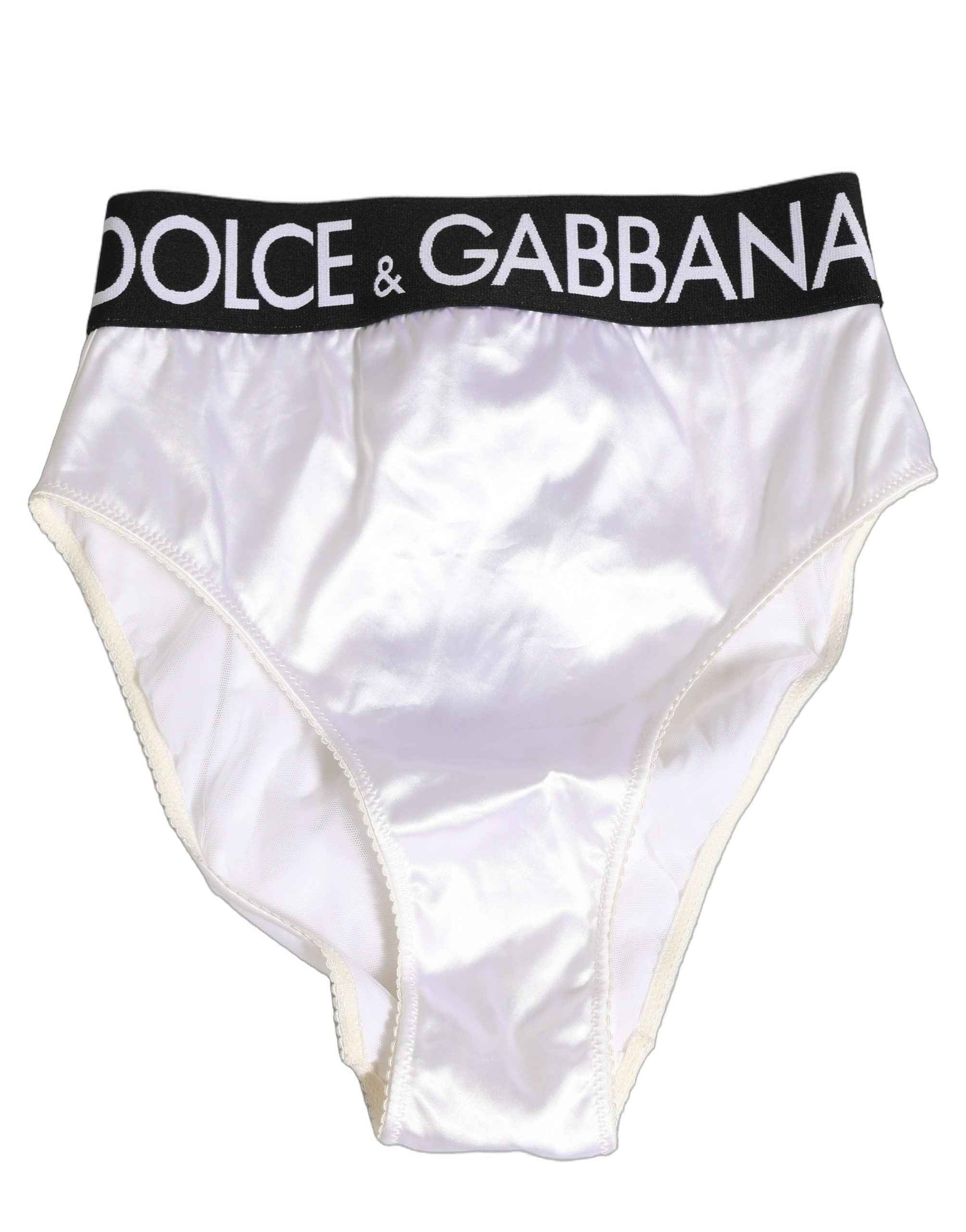 Dolce & Gabbana White Satin High-Waist Brief Logo Women Underwear