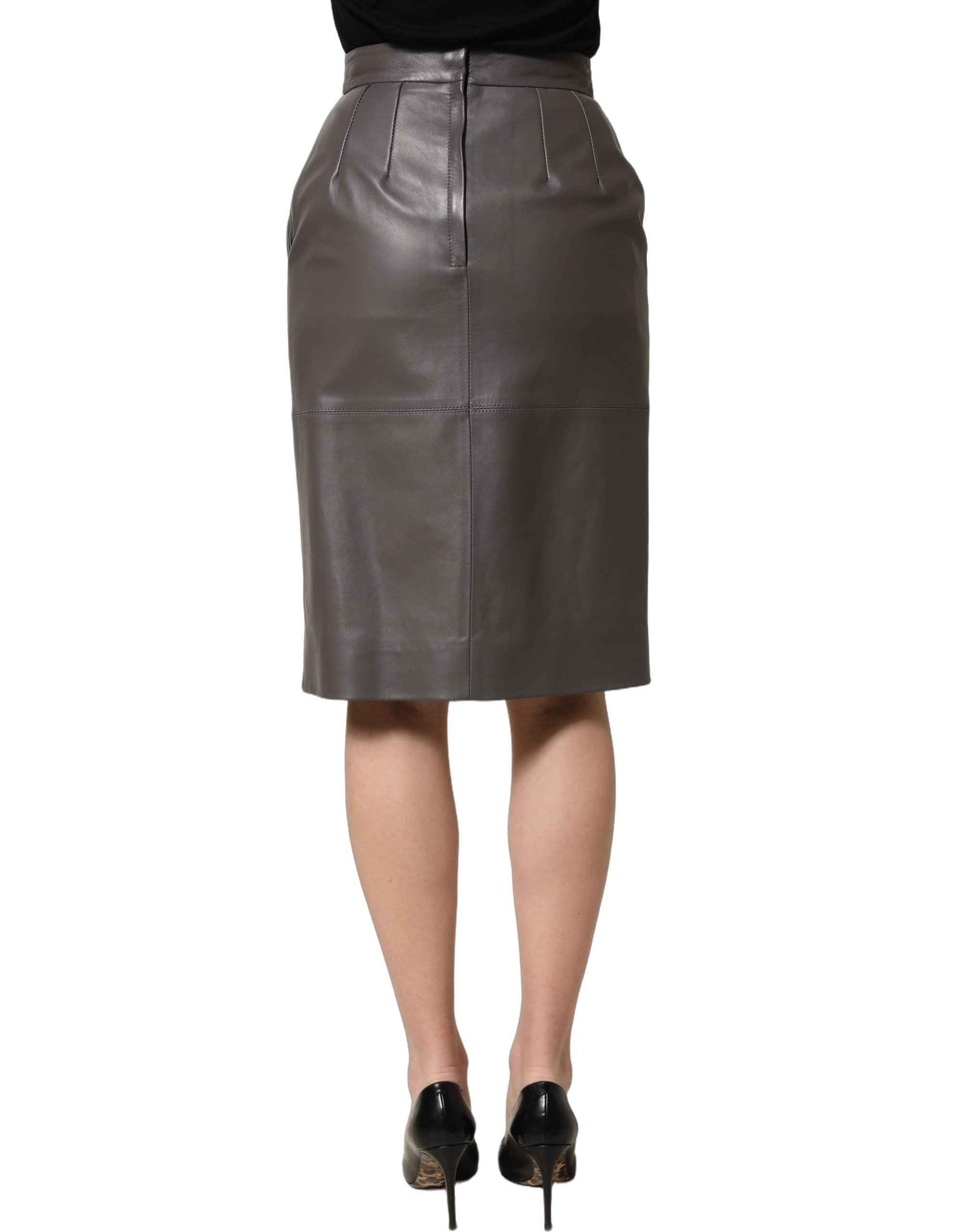 Dolce & Gabbana Gray Leather High Waist Pencil Cut Midi Skirt