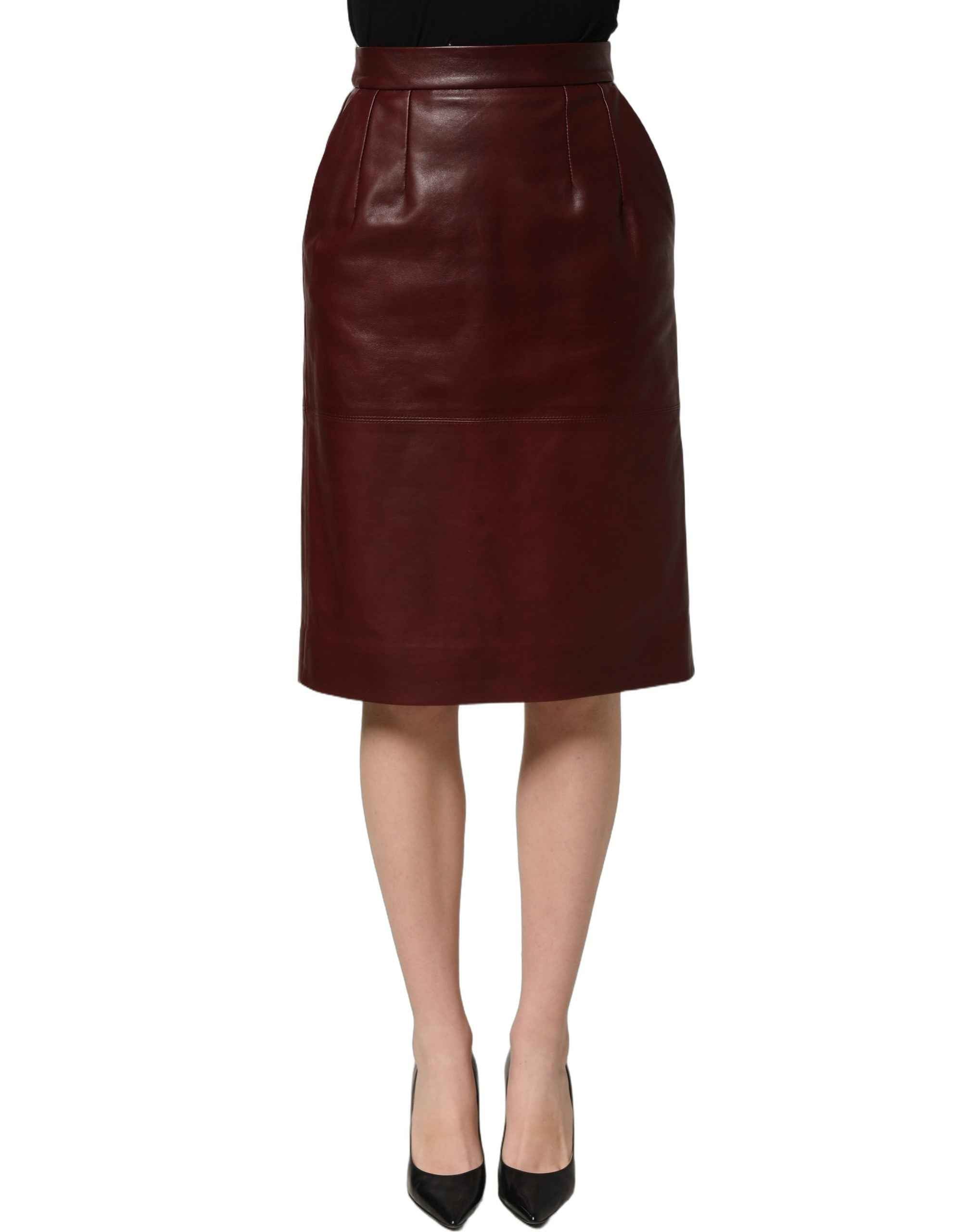 Dolce & Gabbana Burgundy Leather High Waist Pencil Midi Skirt
