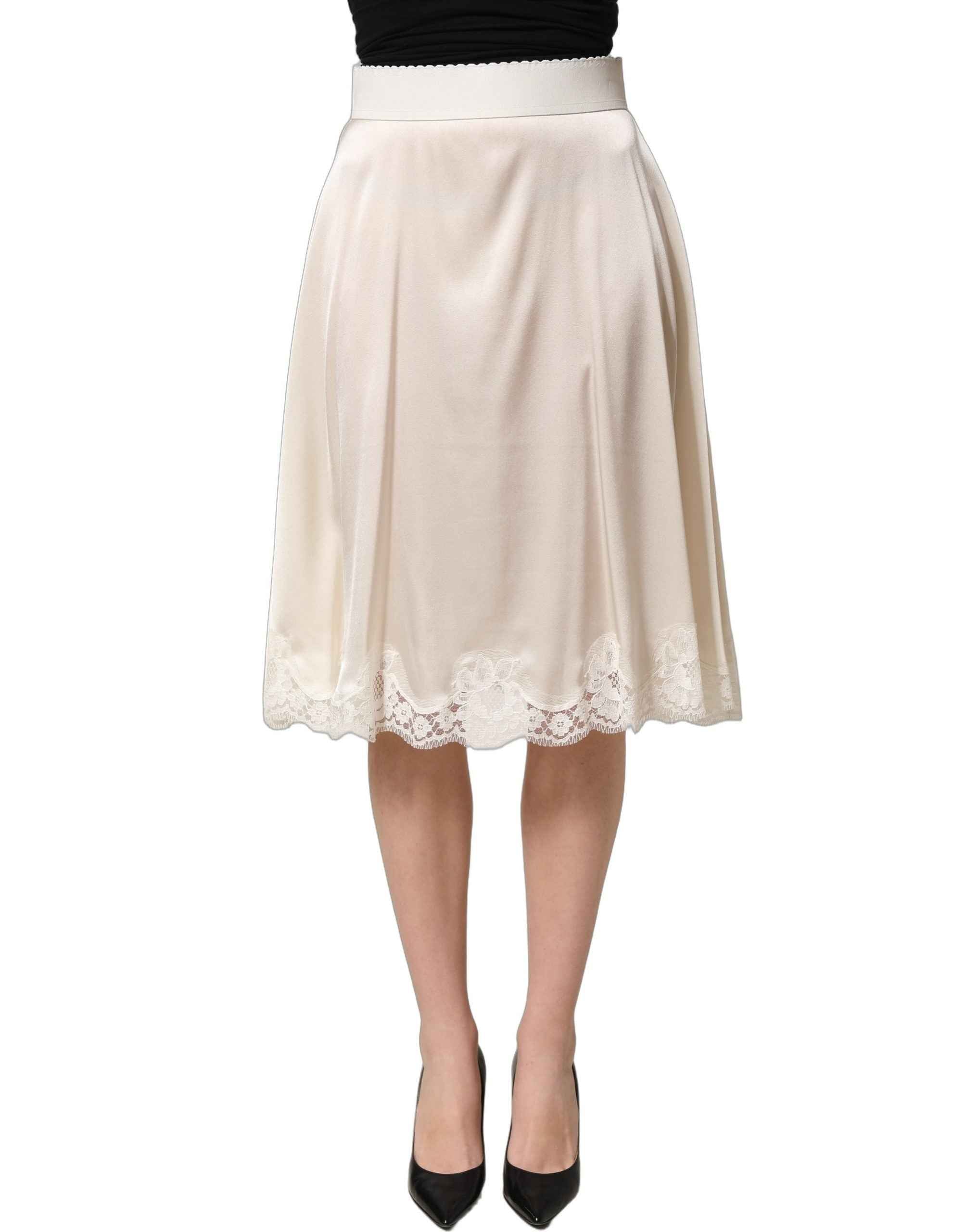 Dolce & Gabbana Off White Lace Trimmed Satin High Waist Skirt