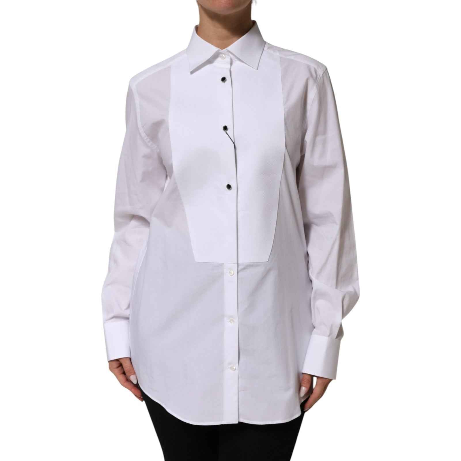 Dolce & Gabbana White Cotton Tuxedo Bib Long Sleeve Dress Shirt