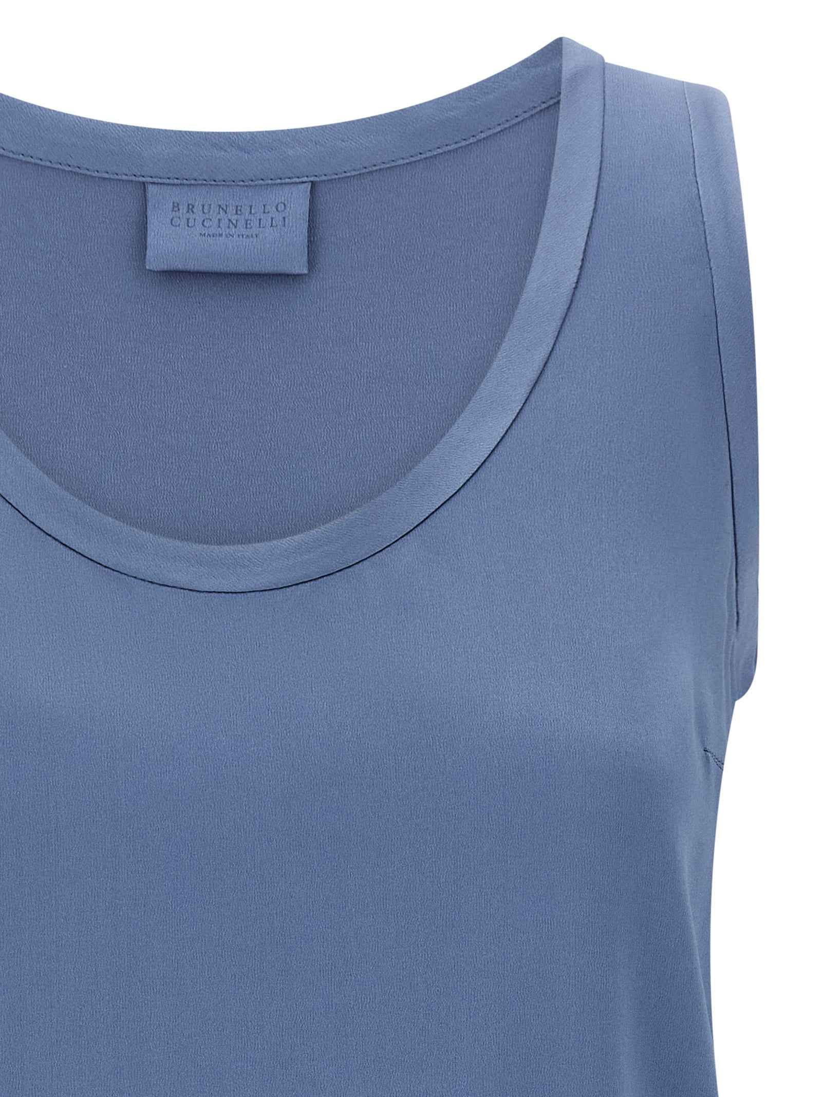 Brunello Cucinelli Blue Silk Sleeveles T-Shirt