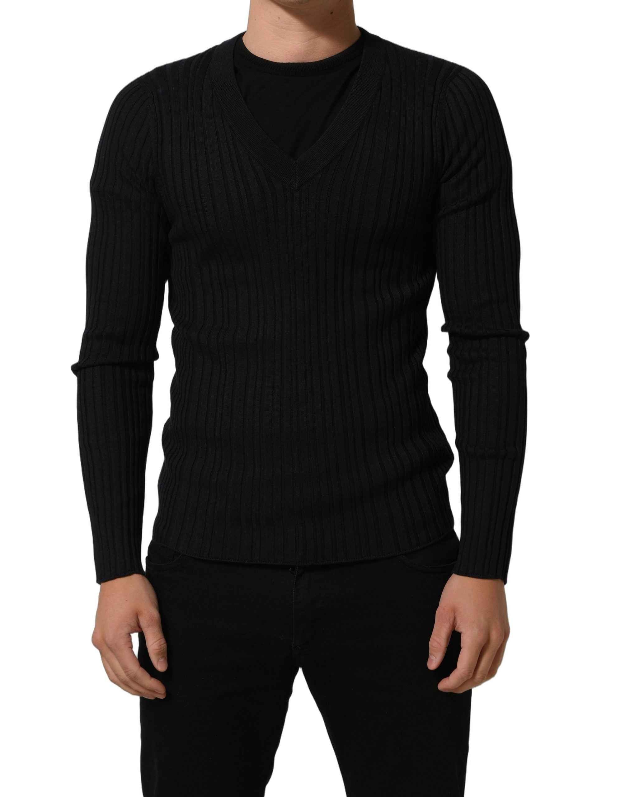 Dolce & Gabbana Black Silk Blend V-neck Pullover Men Sweater