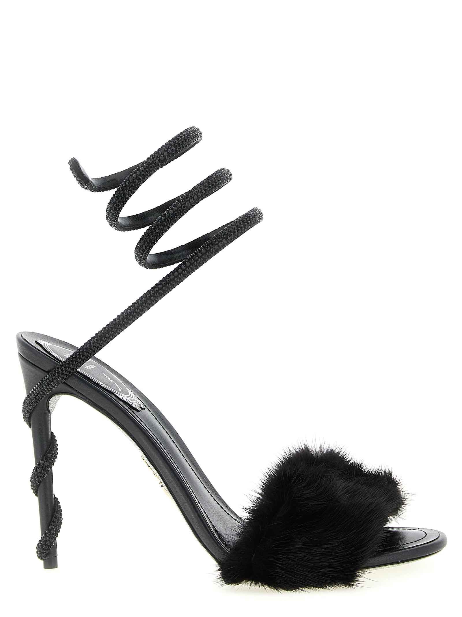 RENE CAOVILLA Black Leather Stiletto Heel Sandals