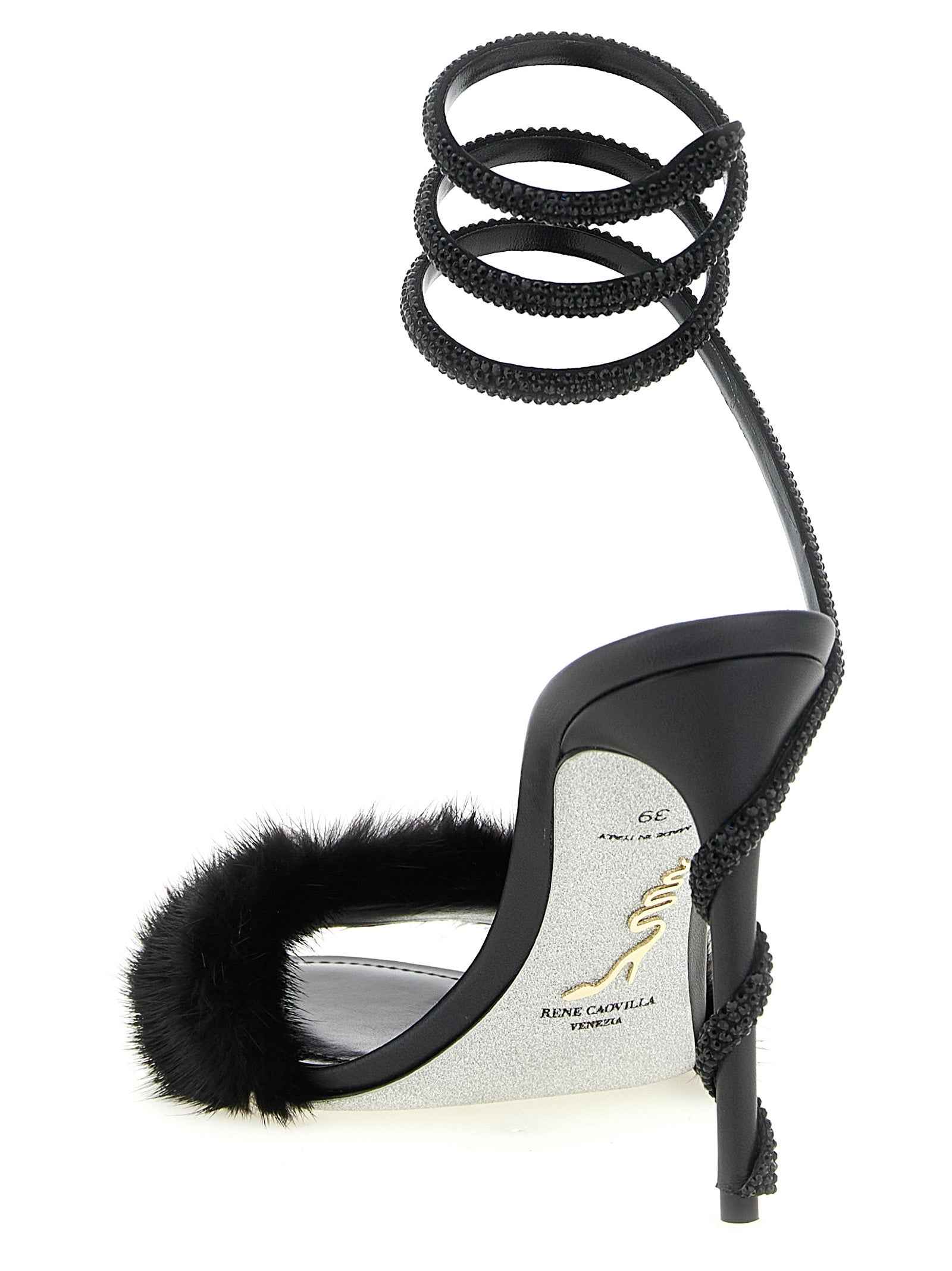 RENE CAOVILLA Black Leather Stiletto Heel Sandals
