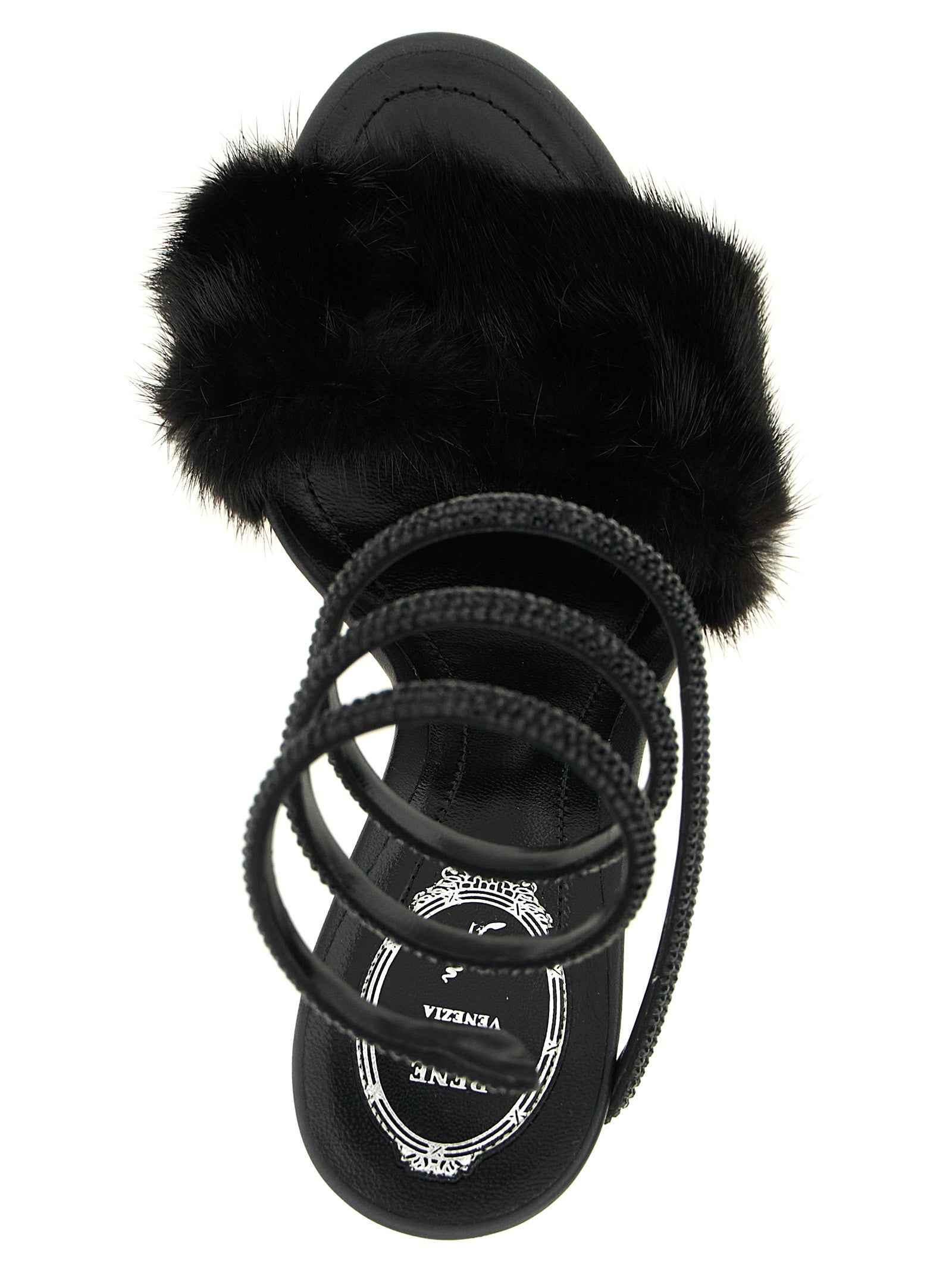 RENE CAOVILLA Black Leather Stiletto Heel Sandals