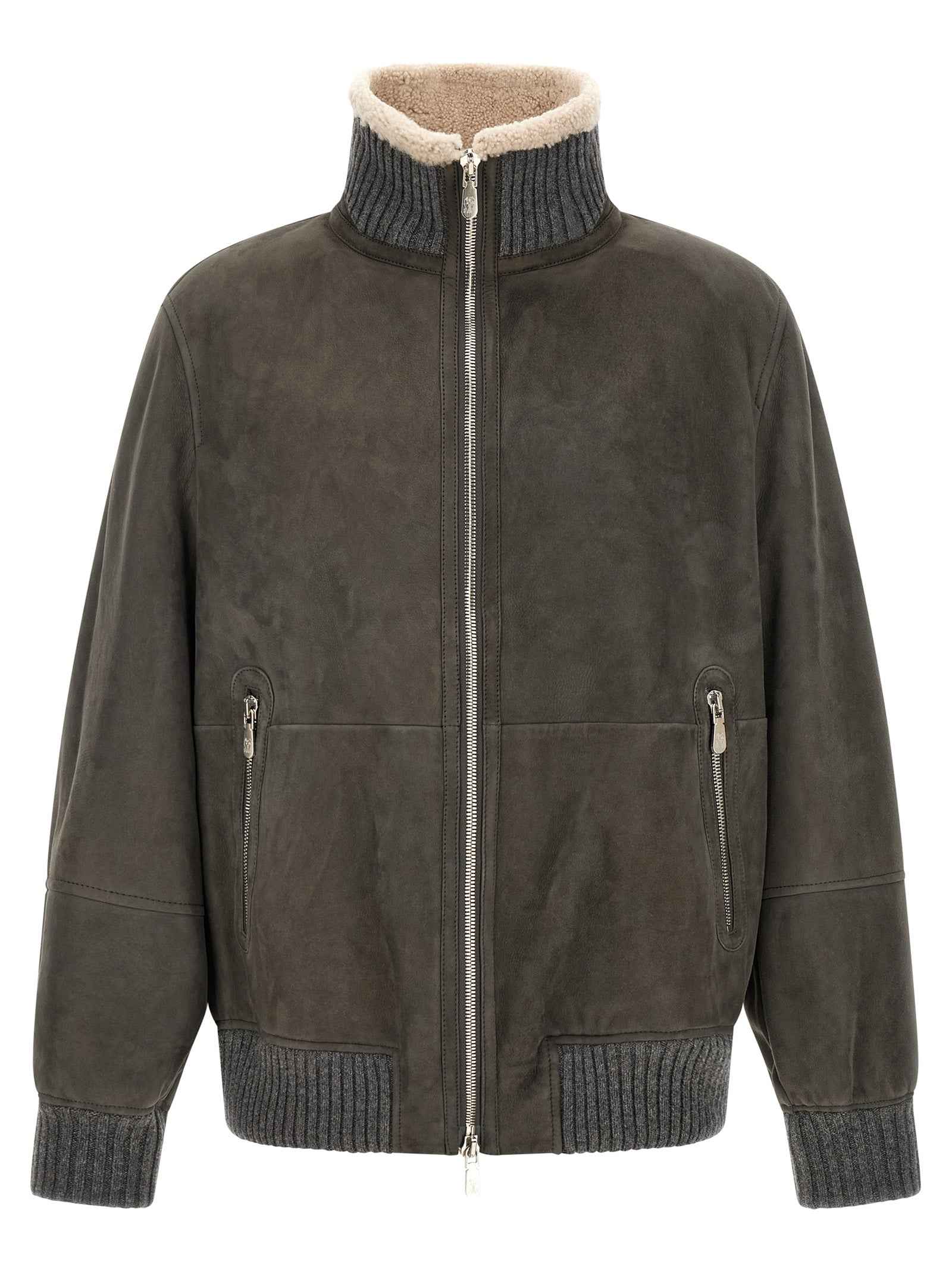 Brunello Cucinelli Gray Lamb Leather Leather Jacket