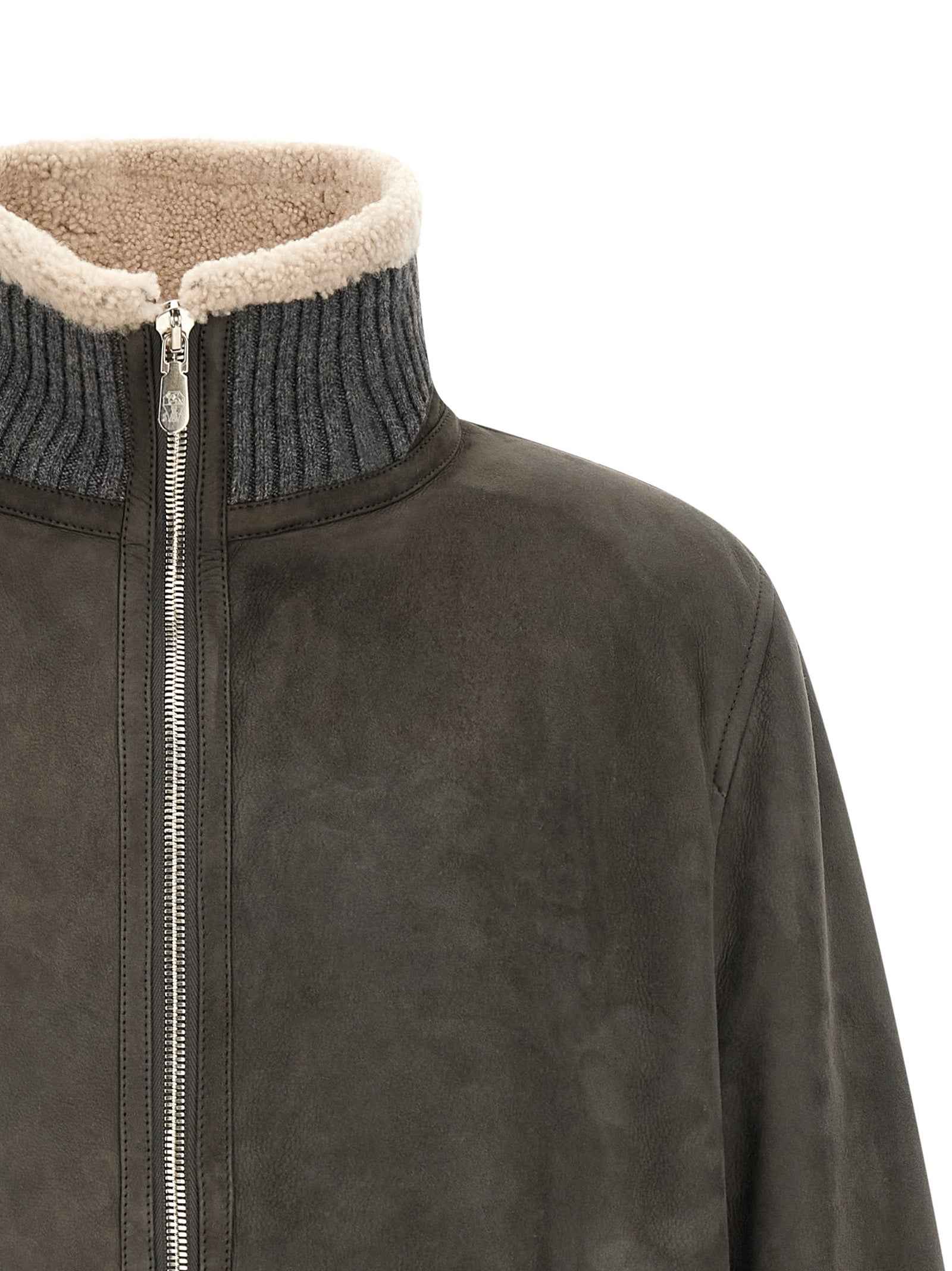 Brunello Cucinelli Gray Lamb Leather Leather Jacket
