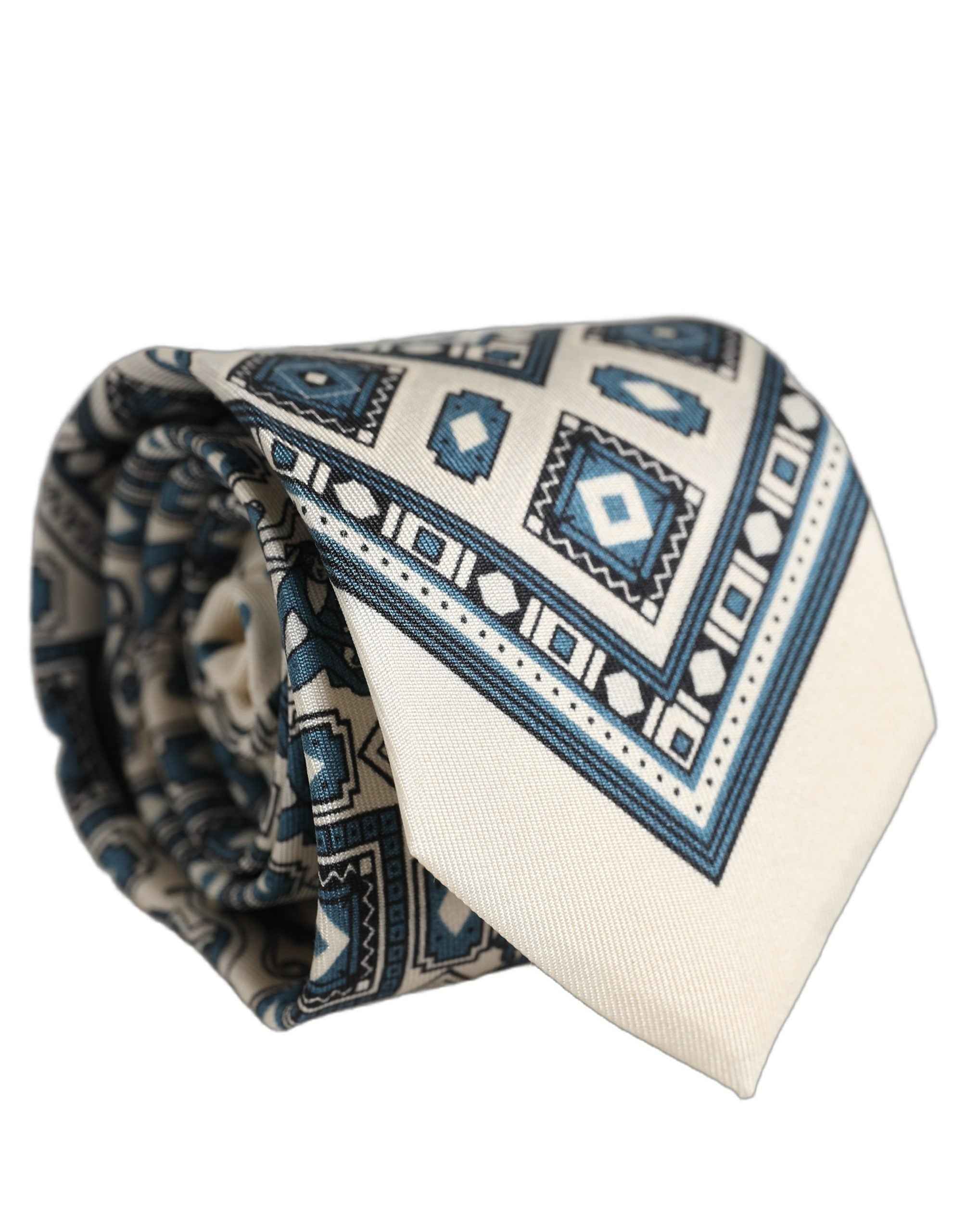 Dolce & Gabbana Men Off White Blue Geometric Adjustable Tied Necktie Tie
