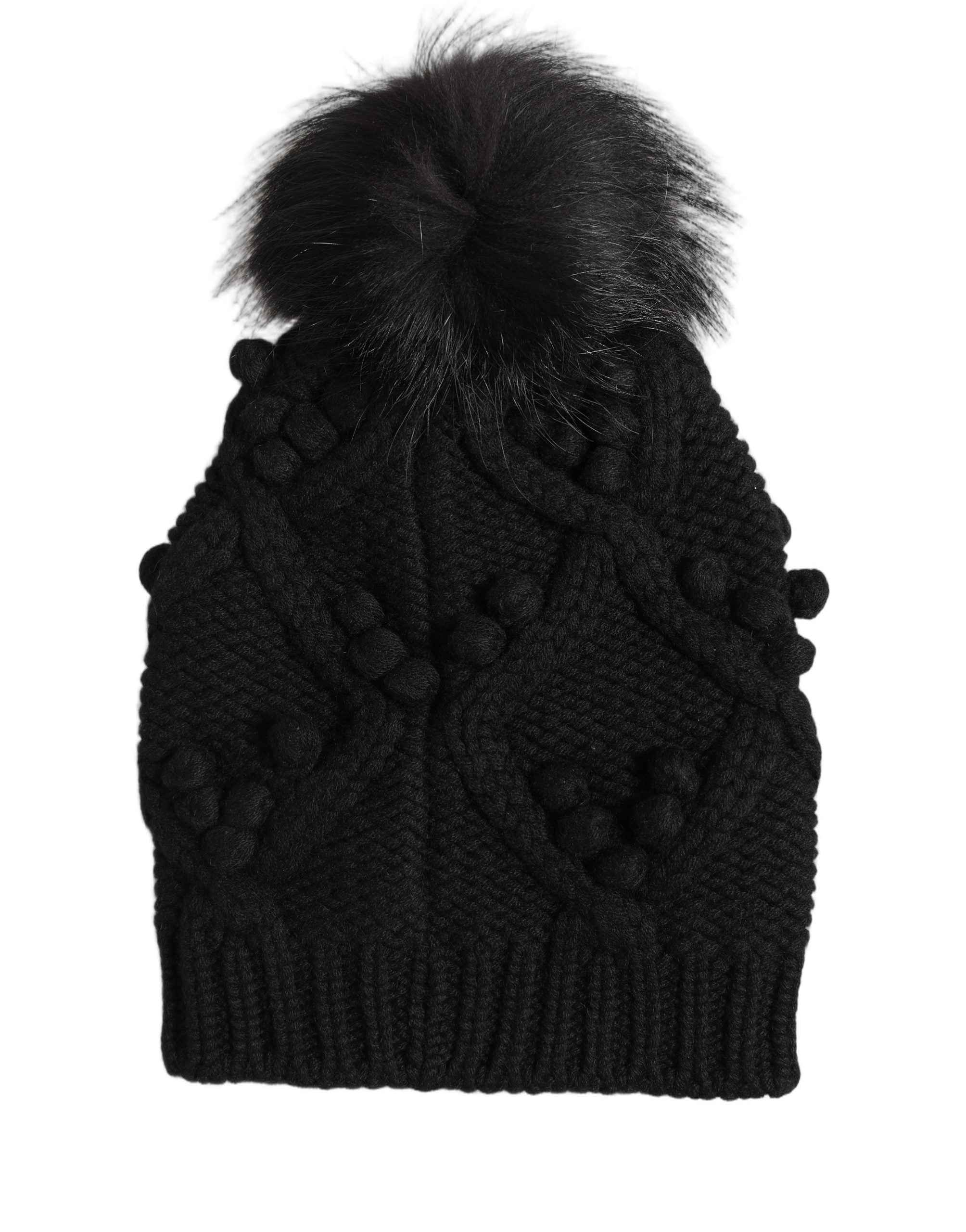 Dolce & Gabbana Black Cashmere Knitted Fur Pom-Pom Beanie One Size Hat